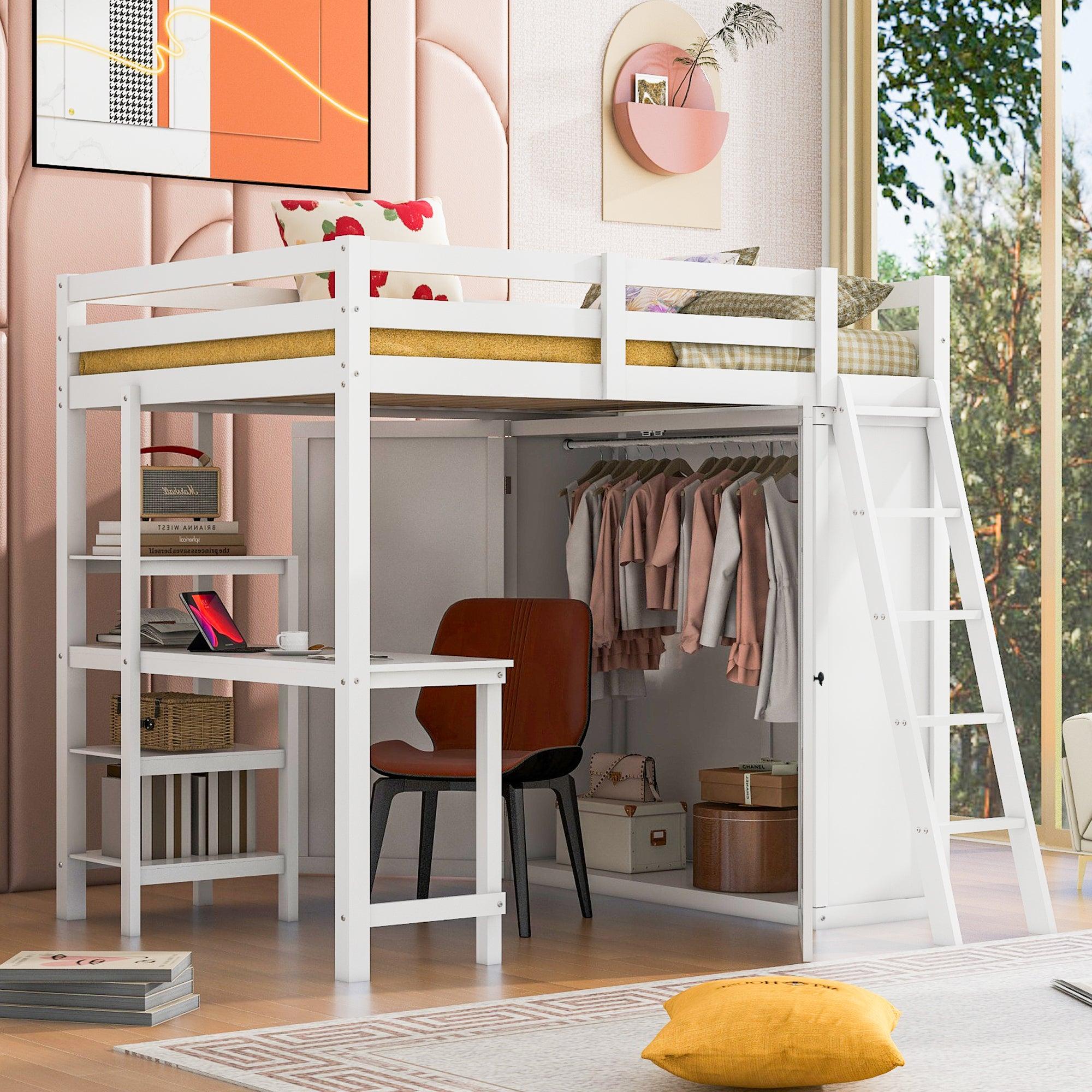 Full Size Loft Bed with Wardrobe and Desk and Shelves, White