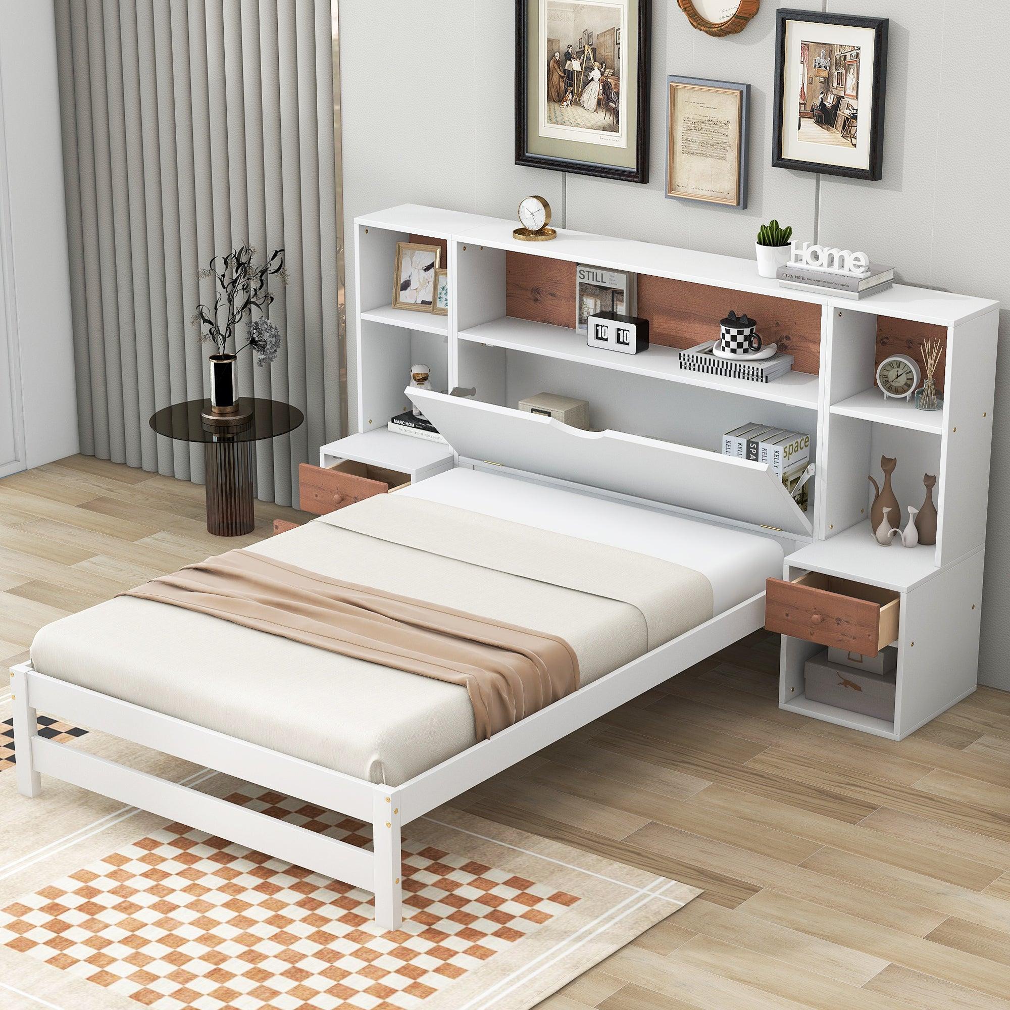 🆓🚛 Twin Size Platform Bed With Storage Headboard & Drawers, White