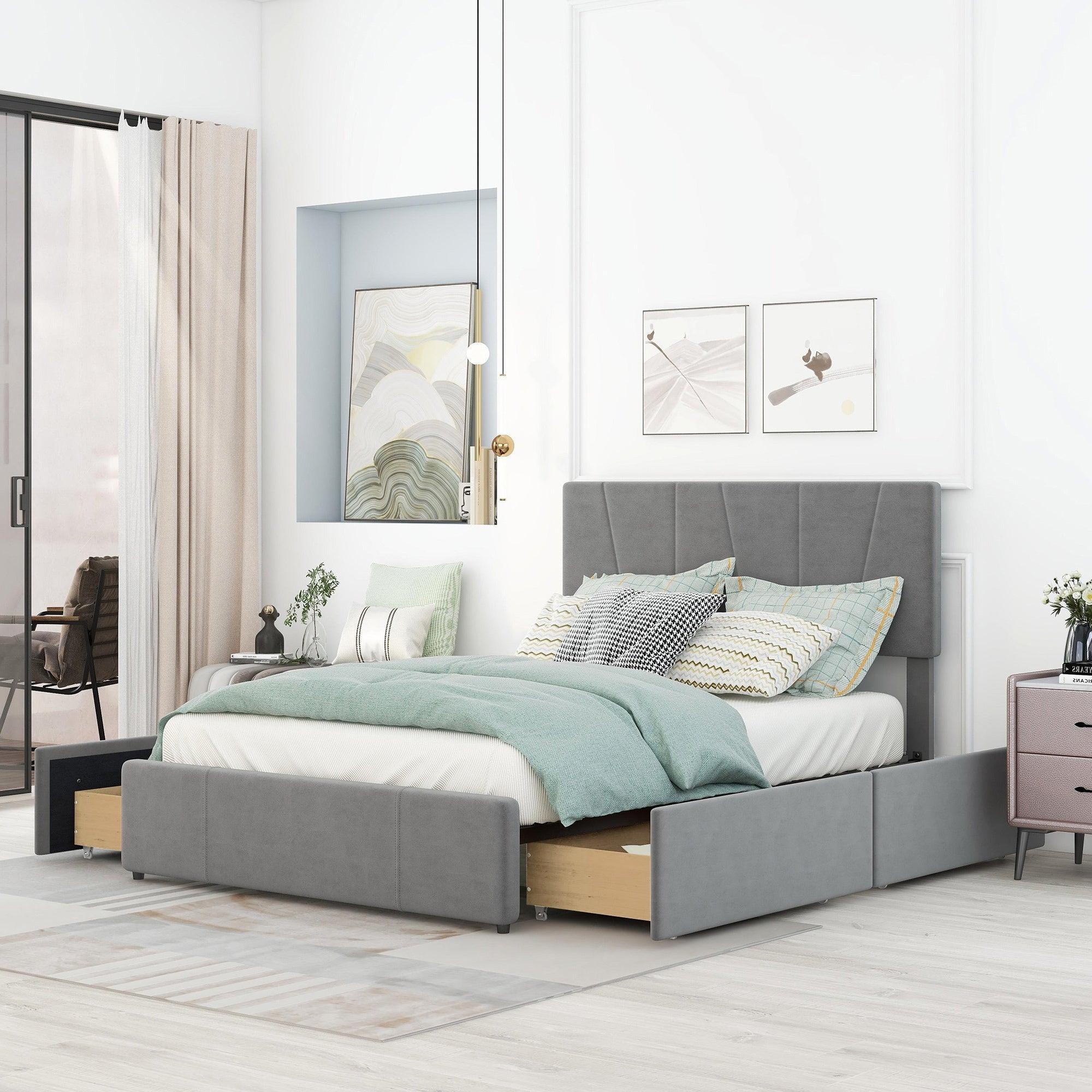 Full Size Upholstery Platform Bed with Four Drawers on Two Sides, Adjustable Headboard, Grey