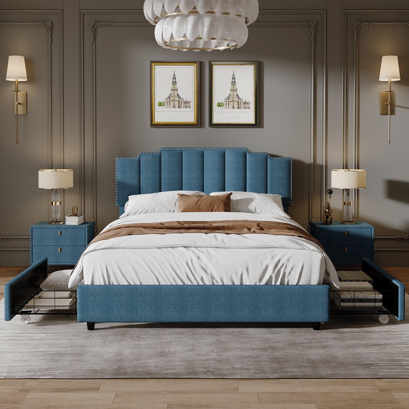 🆓🚛 Queen Size Upholstered Platform Bed Linen Bed Frame With 2 Drawers Stitched Padded Headboard With Rivets Design Strong Bed Slats System No Box Spring Needed, Blue