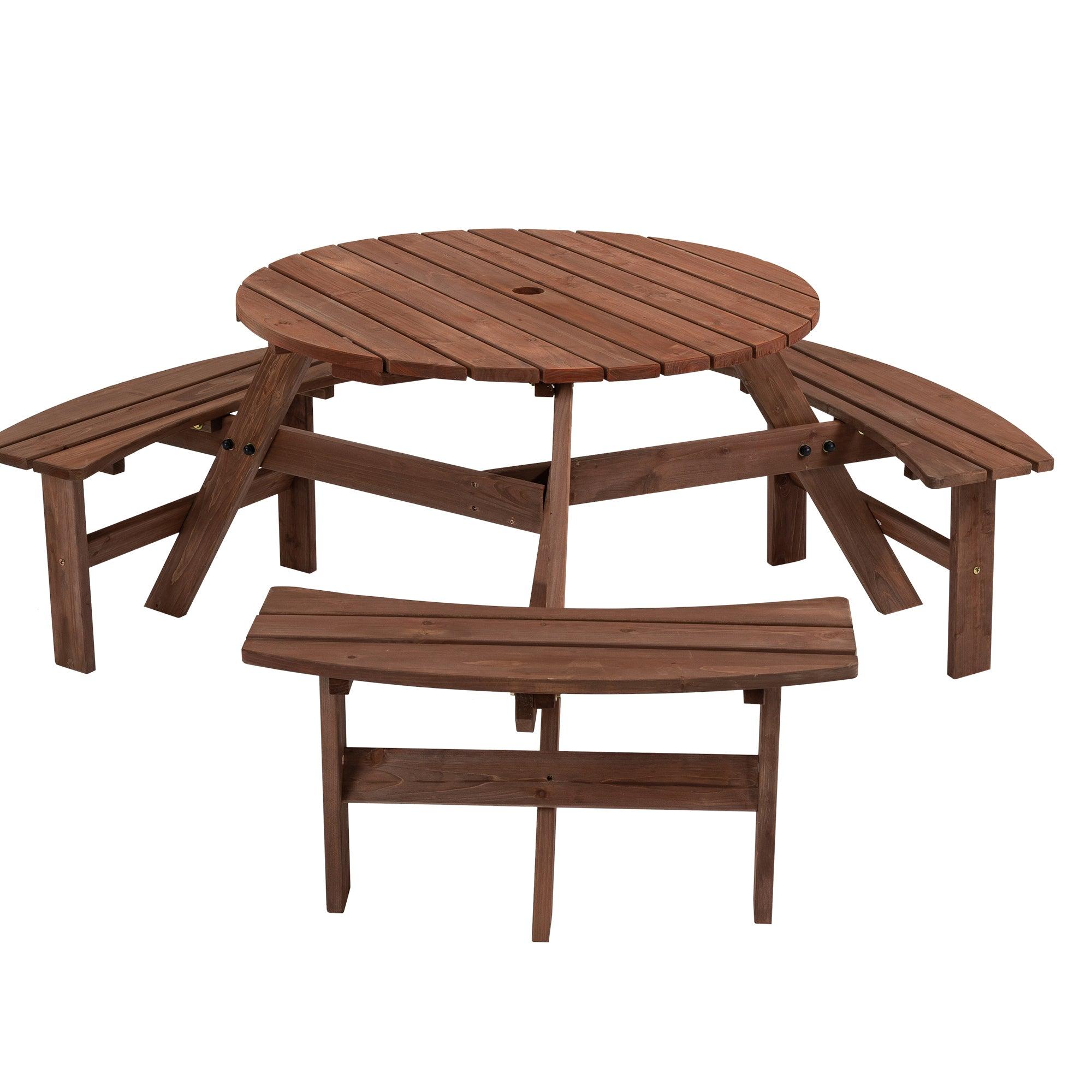 🆓🚛 6-Person Circular Outdoor Wooden Picnic Table for Patio, Backyard, Garden, Diy W/ 3 Built-in Benches, 1720Lb Capacity - Brown