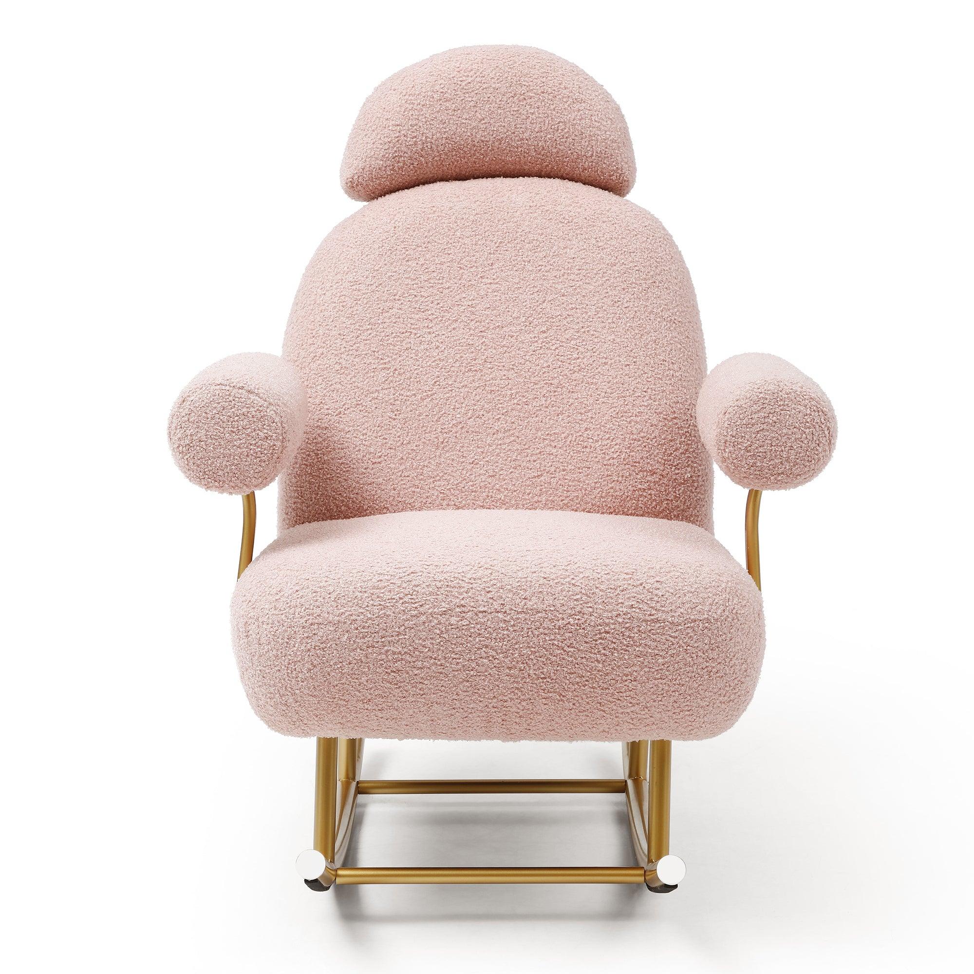 Modern Sherpa Fabric Nursery Rocking Chair, Accent Upholstered Rocker Glider Chair for Baby & Kids, Comfy Armchair With Gold Metal Frame, Leisure Sofa Chair for Nursery/Bedroom/Living Room, Dark Pink