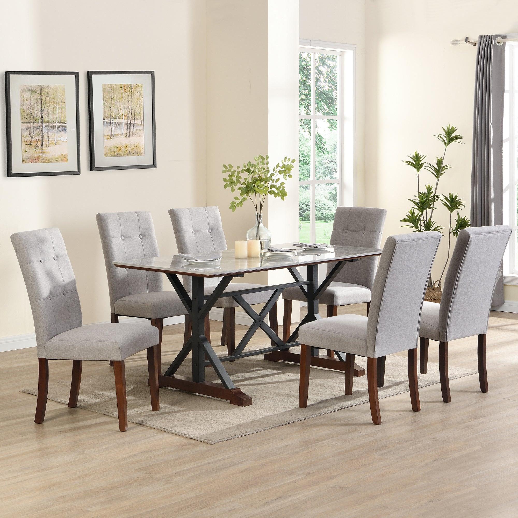 🆓🚛 7-Piece Modern Dining Set, 63-Inch Rectangle Gray Sintered Stone Dining Table With 6 Tufted Upholstered Chairs