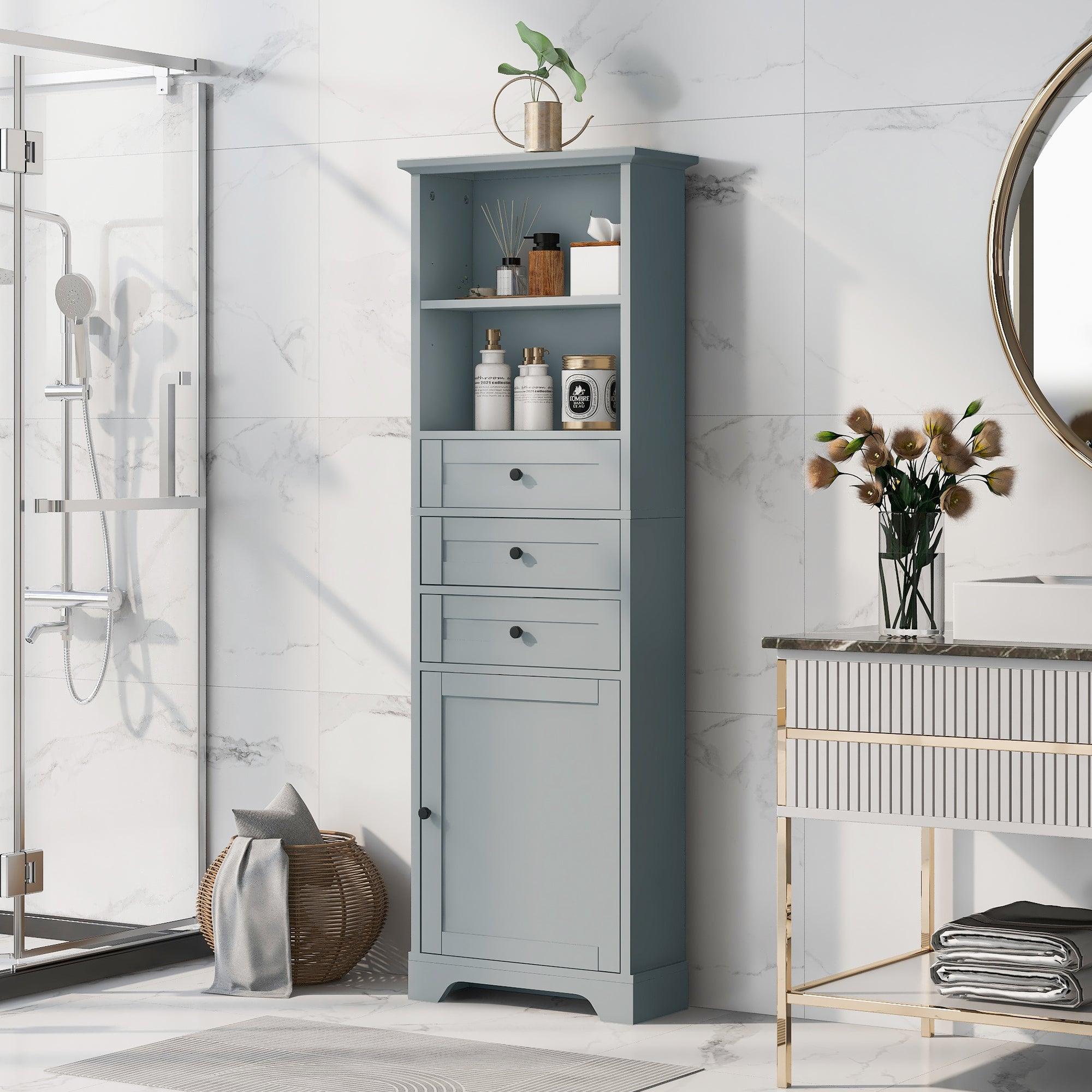 🆓🚛 Gray Tall Storage Cabinet With 3 Drawers & Adjustable Shelves for Bathroom, Kitchen & Living Room, Mdf Board With Painted Finish