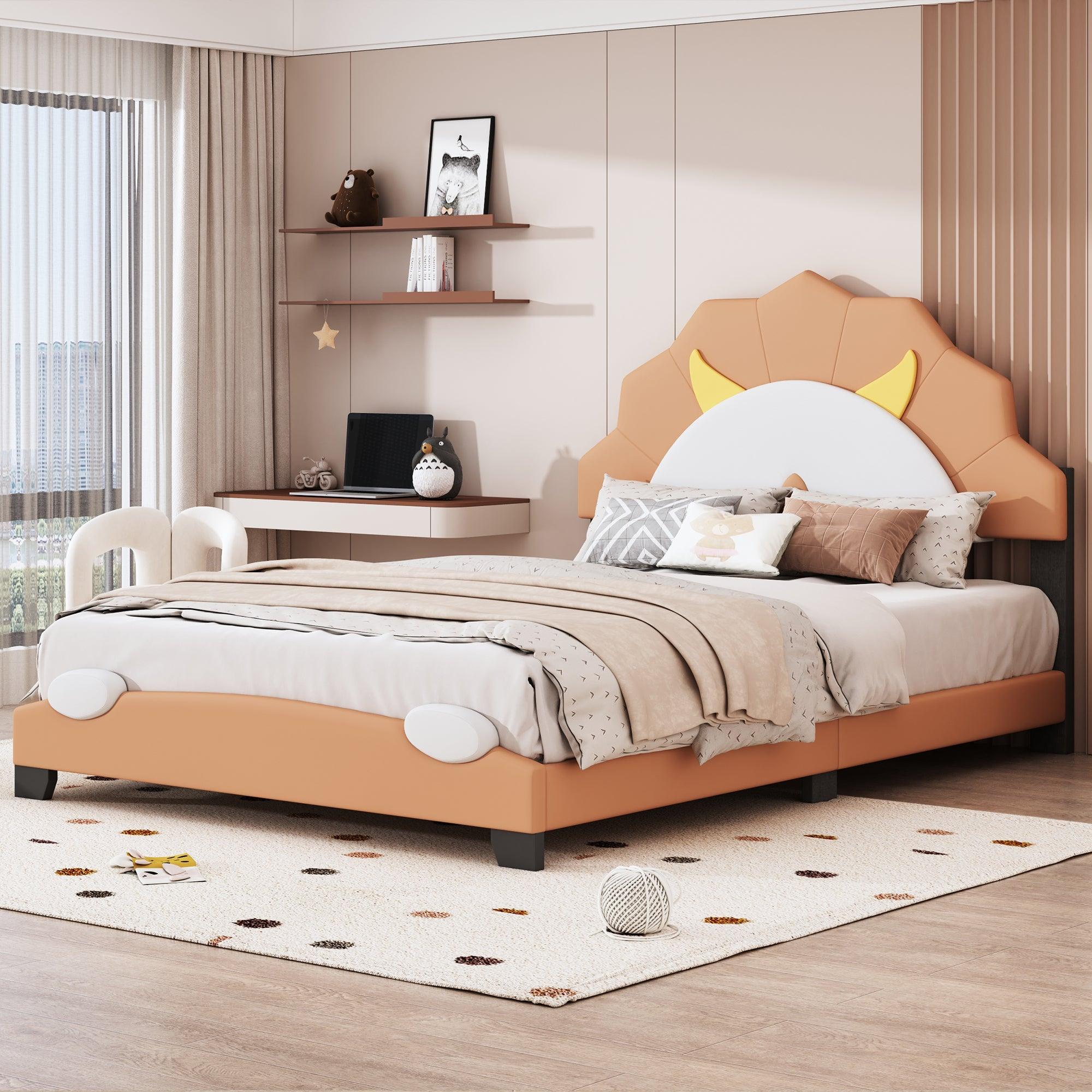 🆓🚛 Full Size Upholstered Leather Platform Bed With Lion-Shaped Headboard, Brown