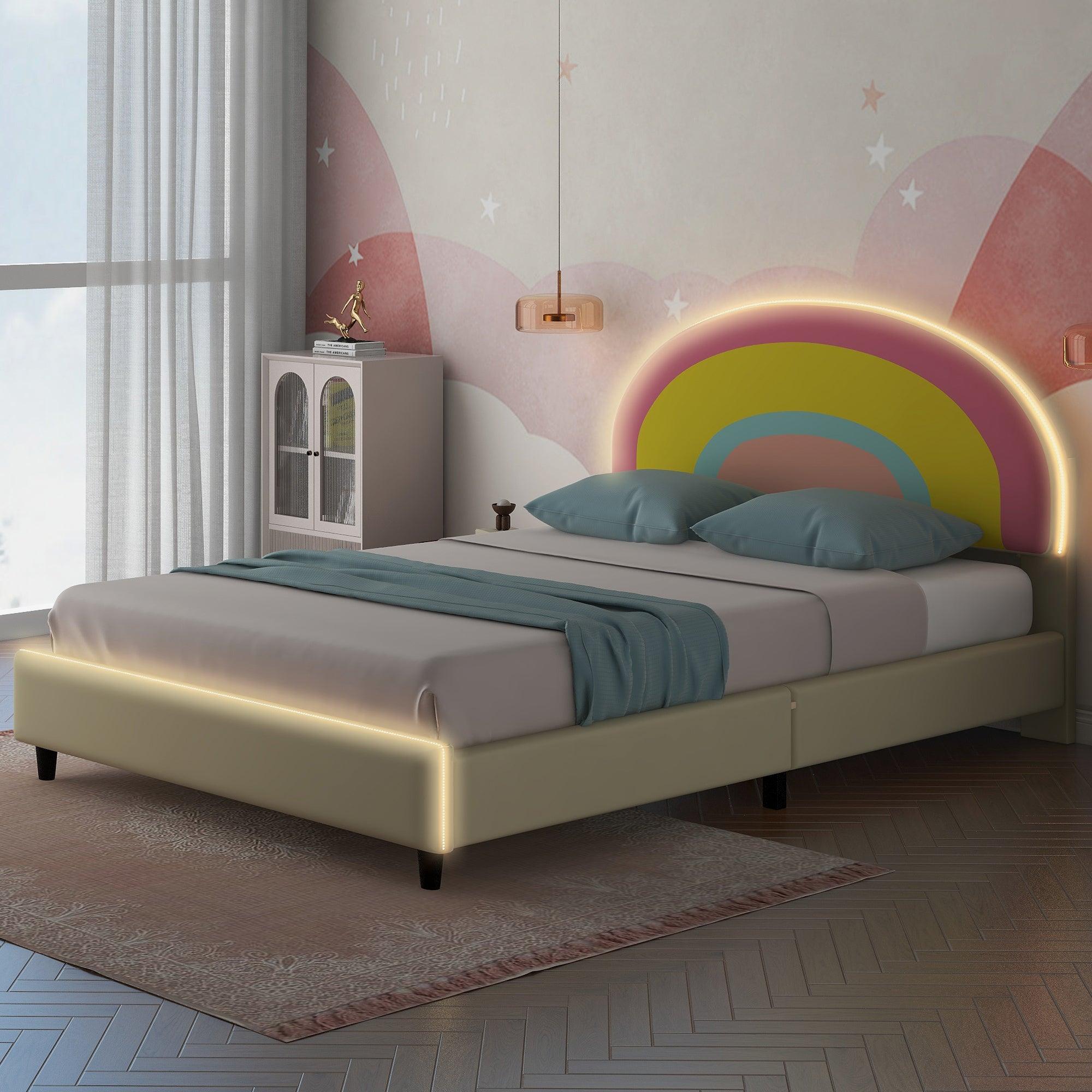 🆓🚛 Twin Size Upholstered Platform Bed With Rainbow Shaped & Height-Adjustbale Headboard, Led Light Strips, Beige