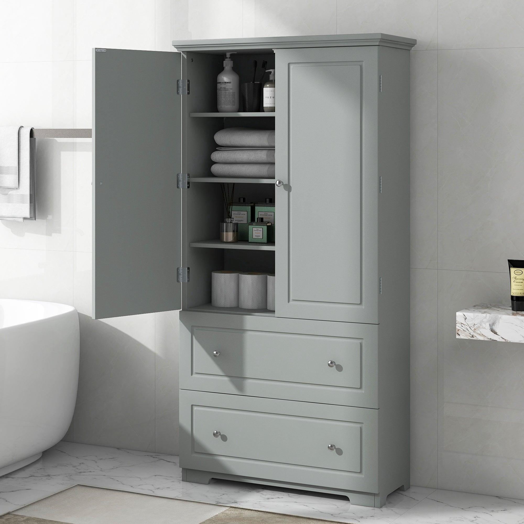 🆓🚛 Wide Bathroom Storage Cabinet, Freestanding Storage Cabinet With Two Drawers & Adjustable Shelf, Mdf Board With Painted Finish, Gray