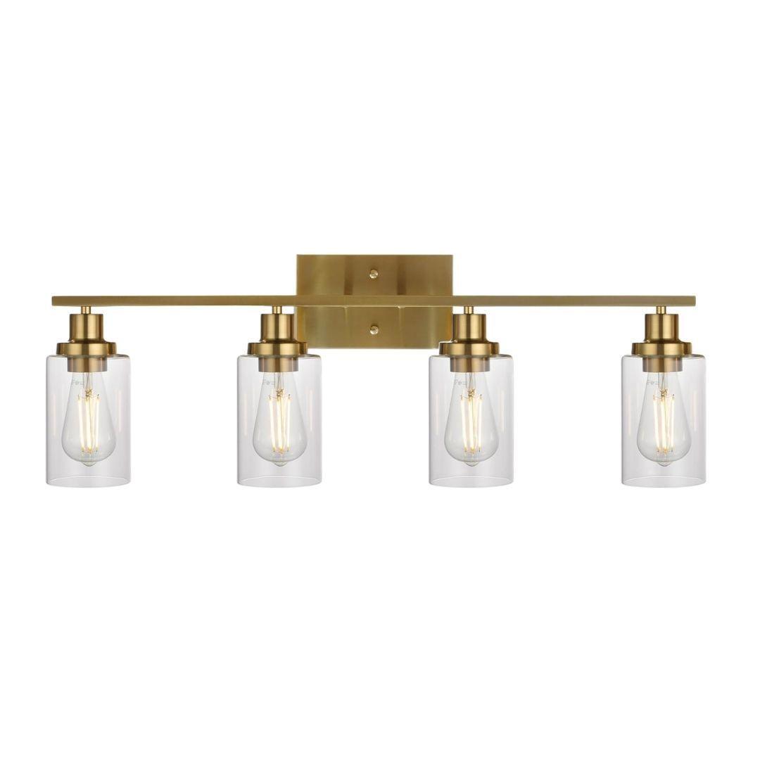 🆓🚛 Brushed Gold Vanity Lights Wall Sconce 4-Light, Bathroom Light Fixtures With Clear Glass Shade Wall Lights