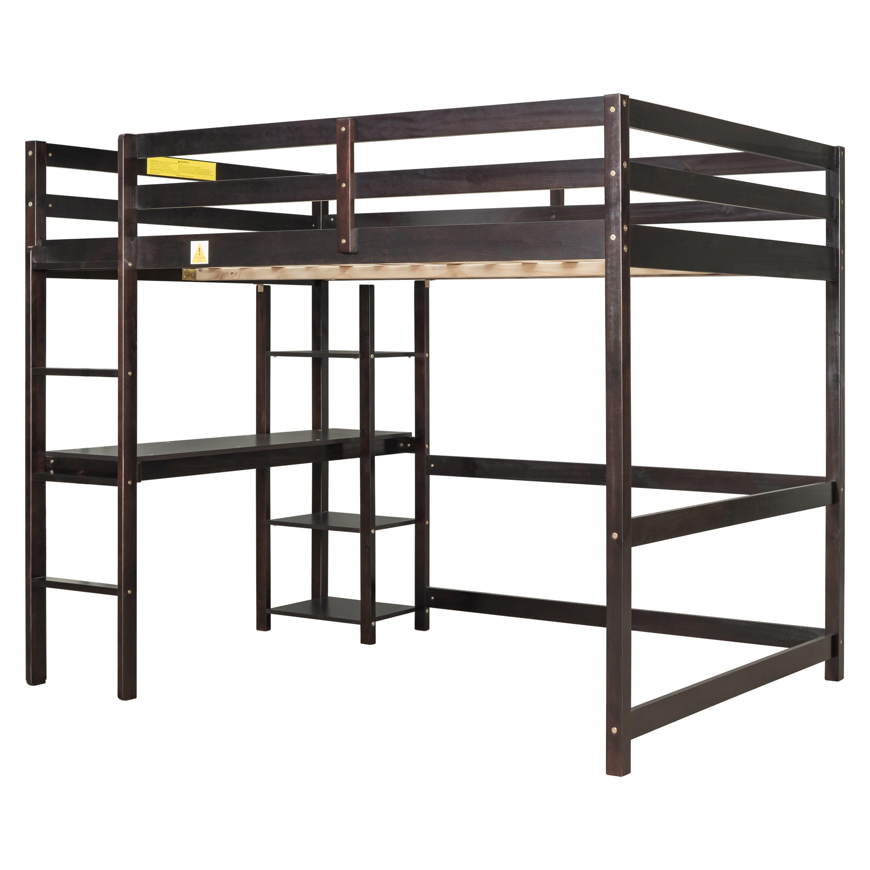 Full Loft Bed With Desk And Shelves, Perfect For Kids, Espresso