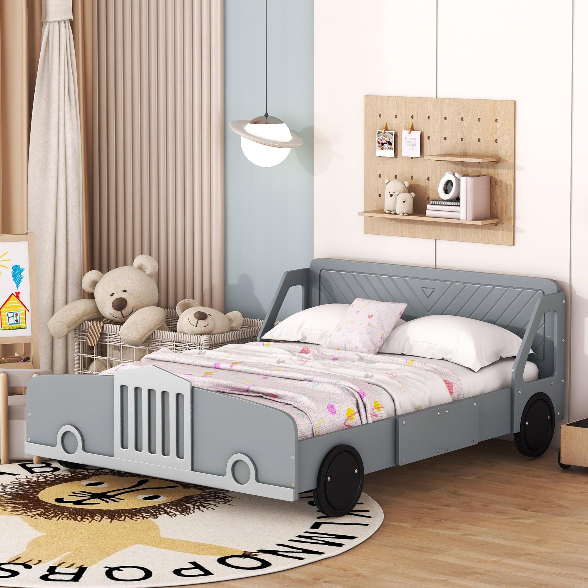 Full Size Car-Shaped Platform Bed with Wheels, Gray