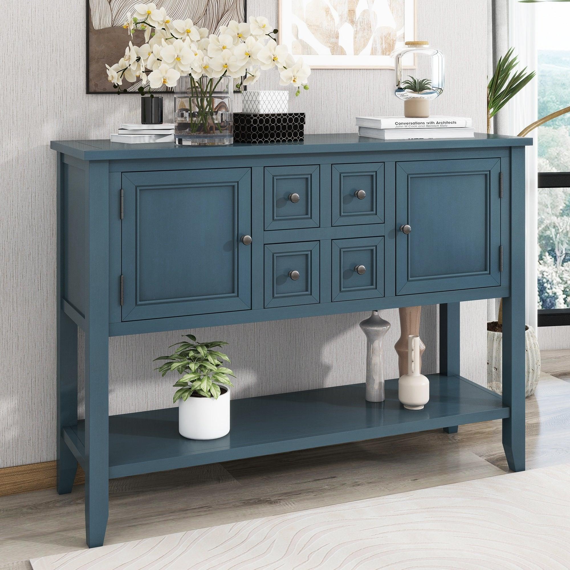 🆓🚛 Cambridge Series Ample Storage Vintage Console Table With Four Small Drawers & Bottom Shelf for Living Rooms, Entrances & Kitchens, Light Navy