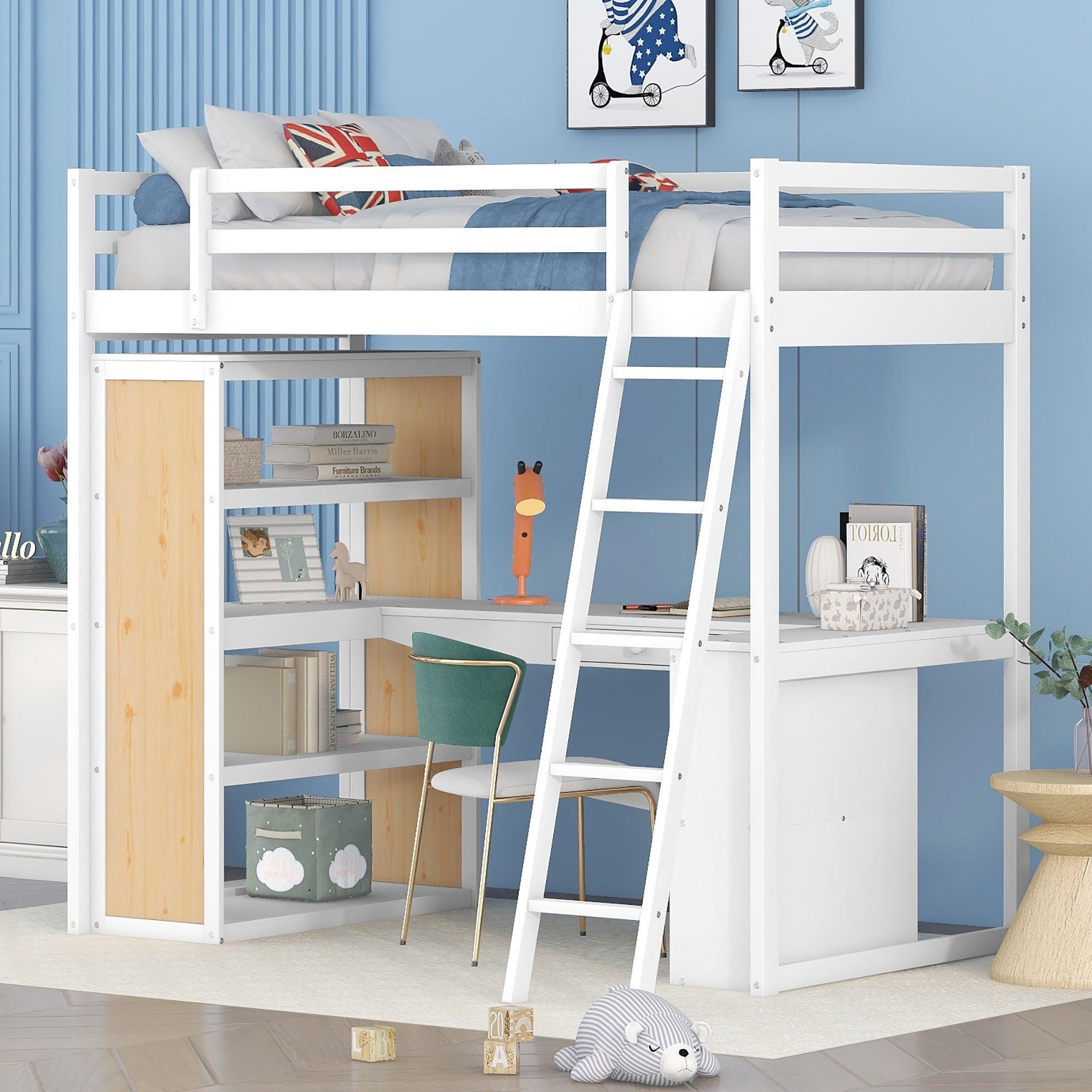 🆓🚛 Twin Size Loft Bed With Ladder, Shelves, & Desk, White