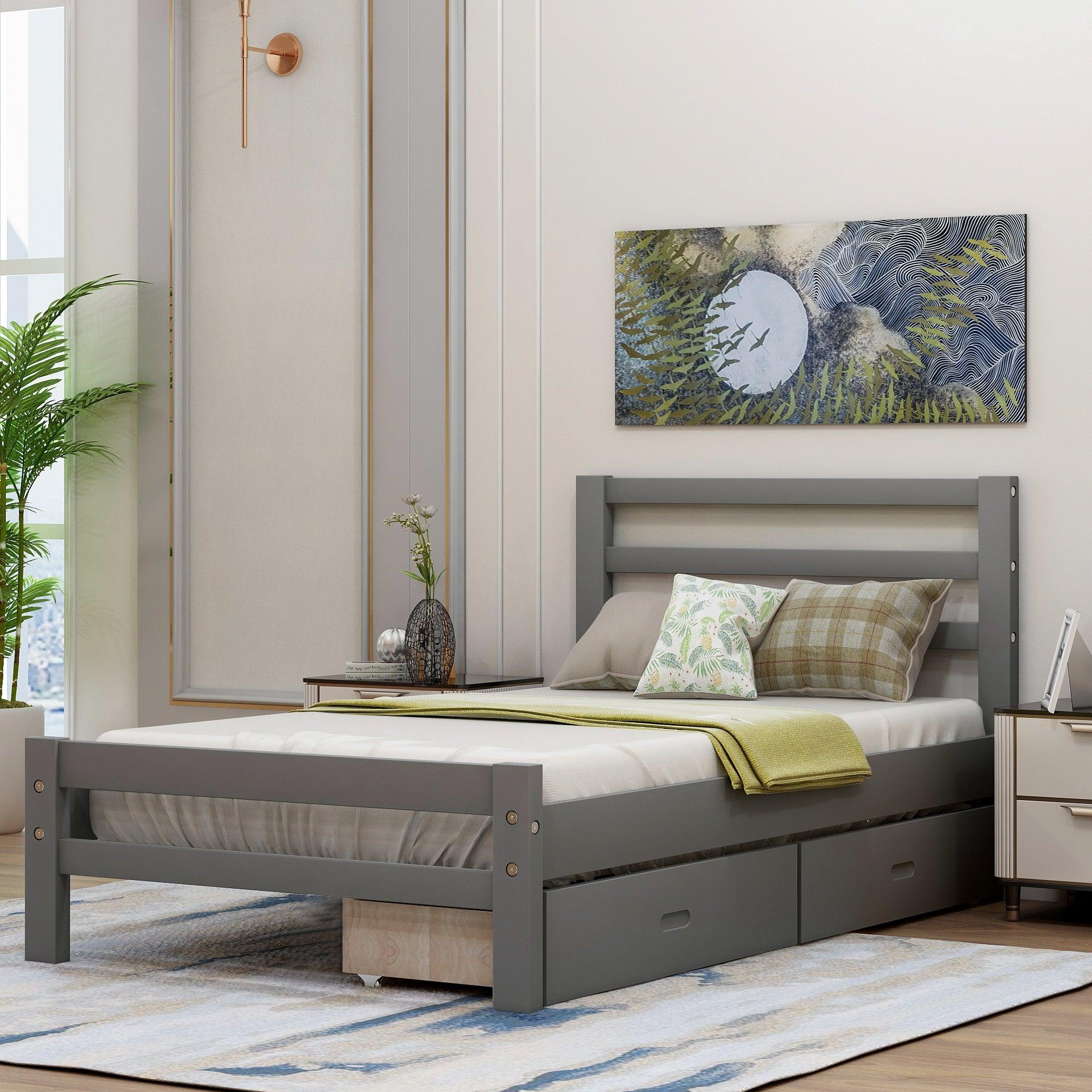 🆓🚛 Wood Platform Bed With Two Drawers, Twin, Gray