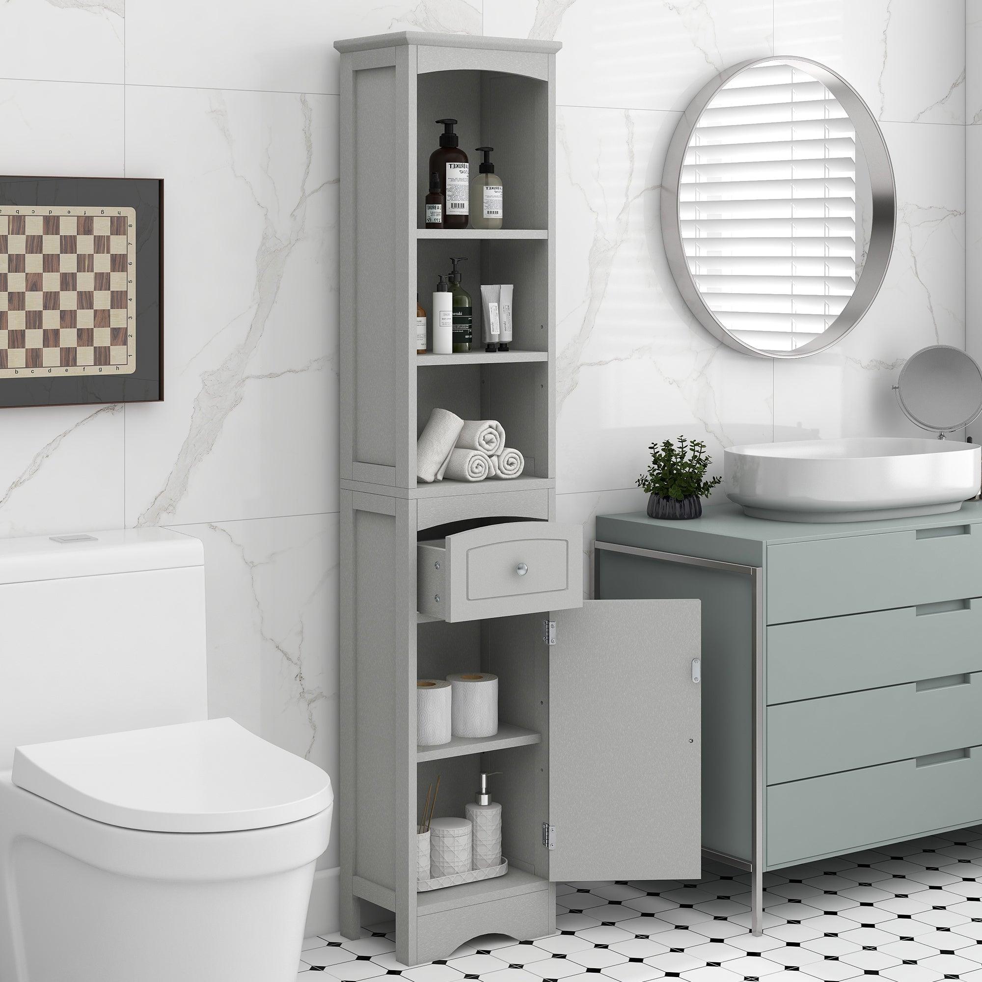 🆓🚛 Tall Bathroom Cabinet, Freestanding Storage Cabinet With Drawer, Adjustable Shelf, Gray