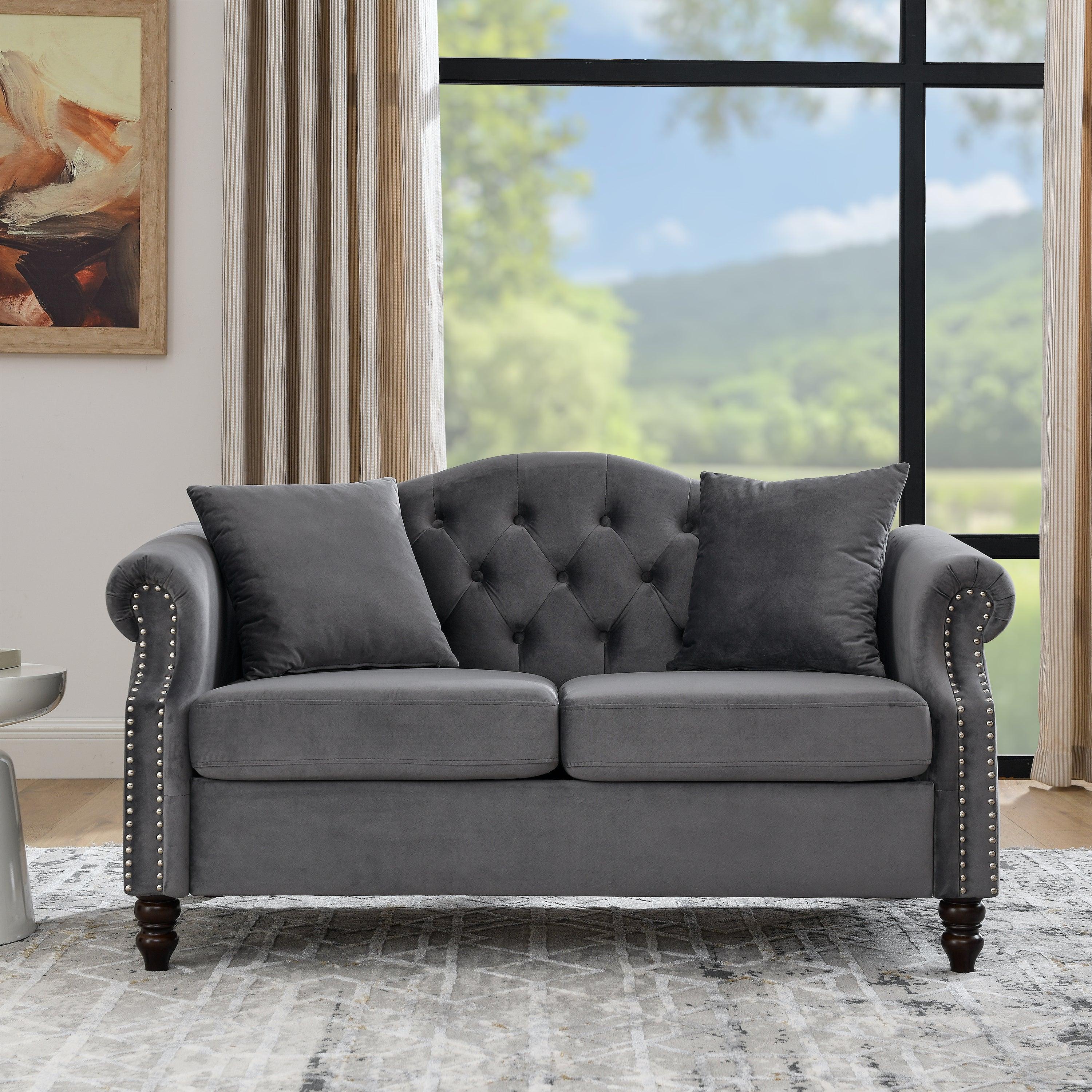 57" Chesterfield Sofa Grey Velvet for Living Room, 2 Seater Sofa Tufted Couch with Rolled Arms and Nailhead, with 2 Pillows