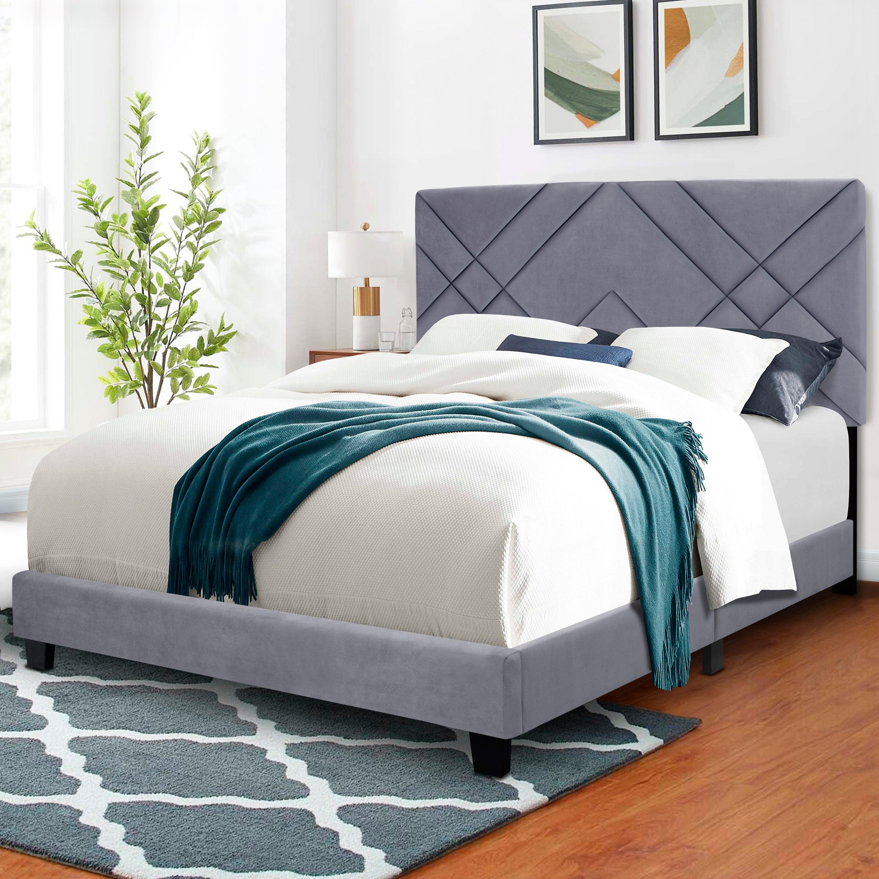 🆓🚛 Queen Size Upholstered Headboard Adjustable Bed Frame Velvet Fabric, Gray