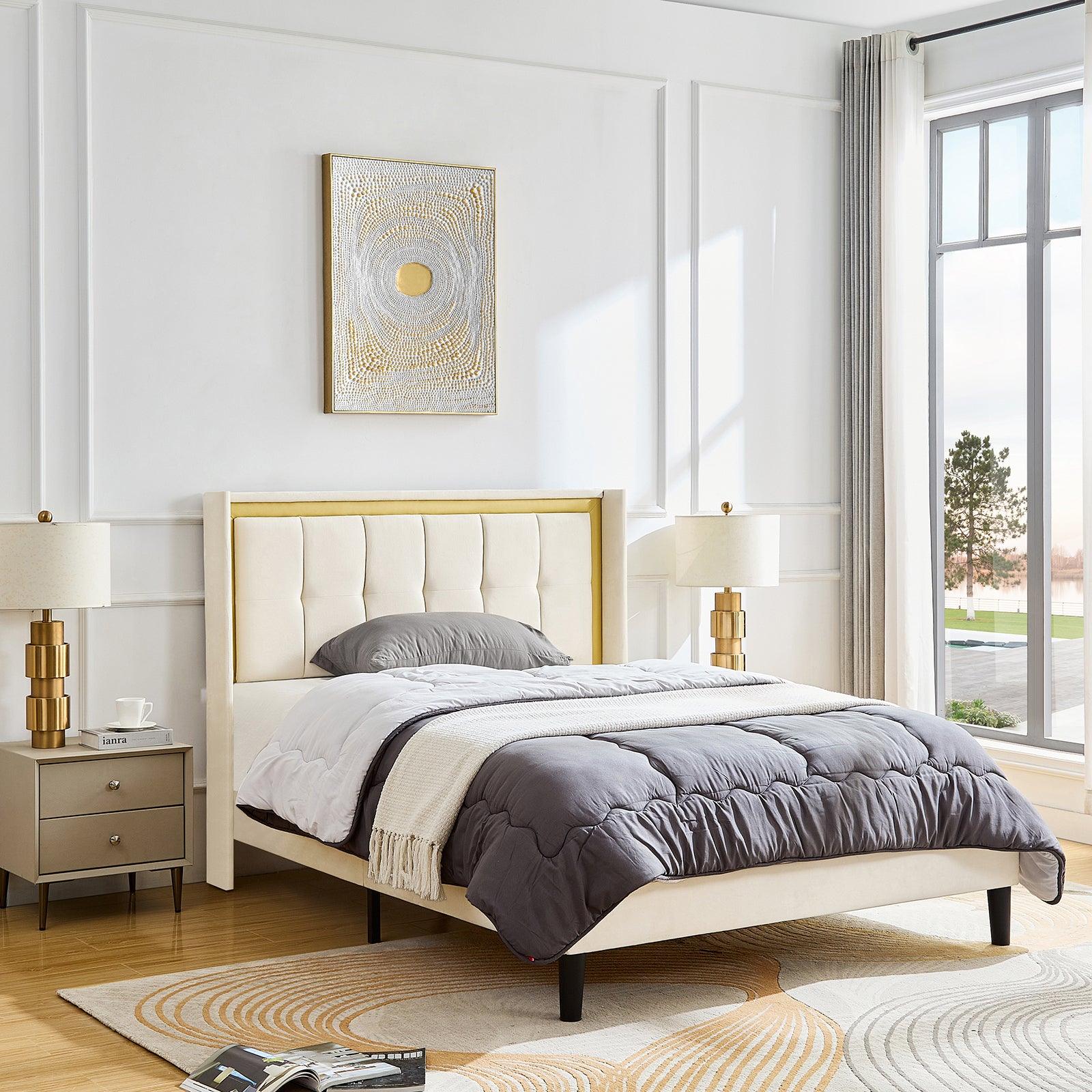 🆓🚛 Queen Size Upholstered Bed With Headboard, Sturdy Wooden Slats, High Load-Bearing Capacity, Non-Slip and Noiseless, No Springs, Easy To Assemble, Beige