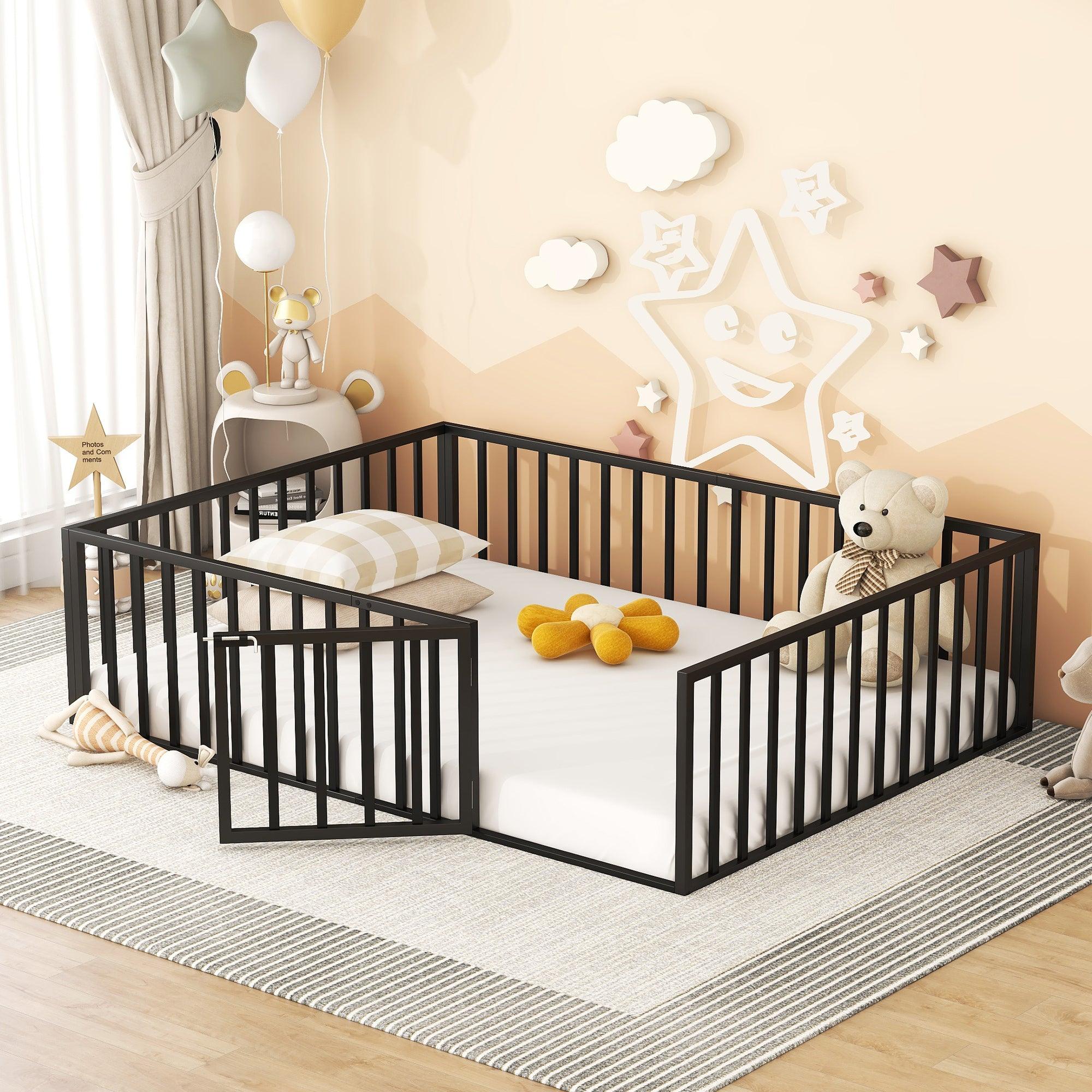 🆓🚛 Queen Size Metal Floor Bed Frame With Fence & Door, Black