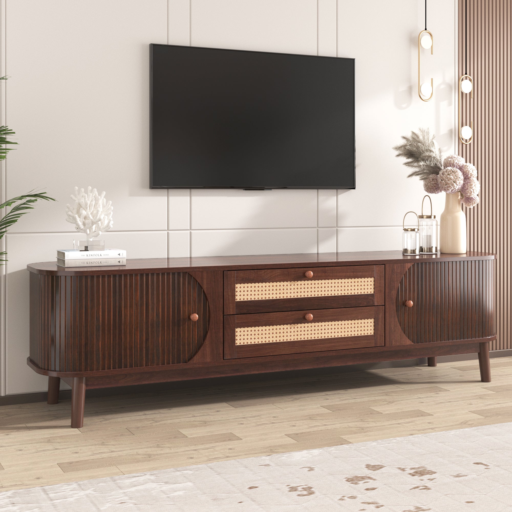 🆓🚛 Rattan TV Stand for TV'S Up To 75'', Modern Farmhouse Media Console, Entertainment Center With Solid Wood Legs, TV Cabinet for Living Room, Home Theatre