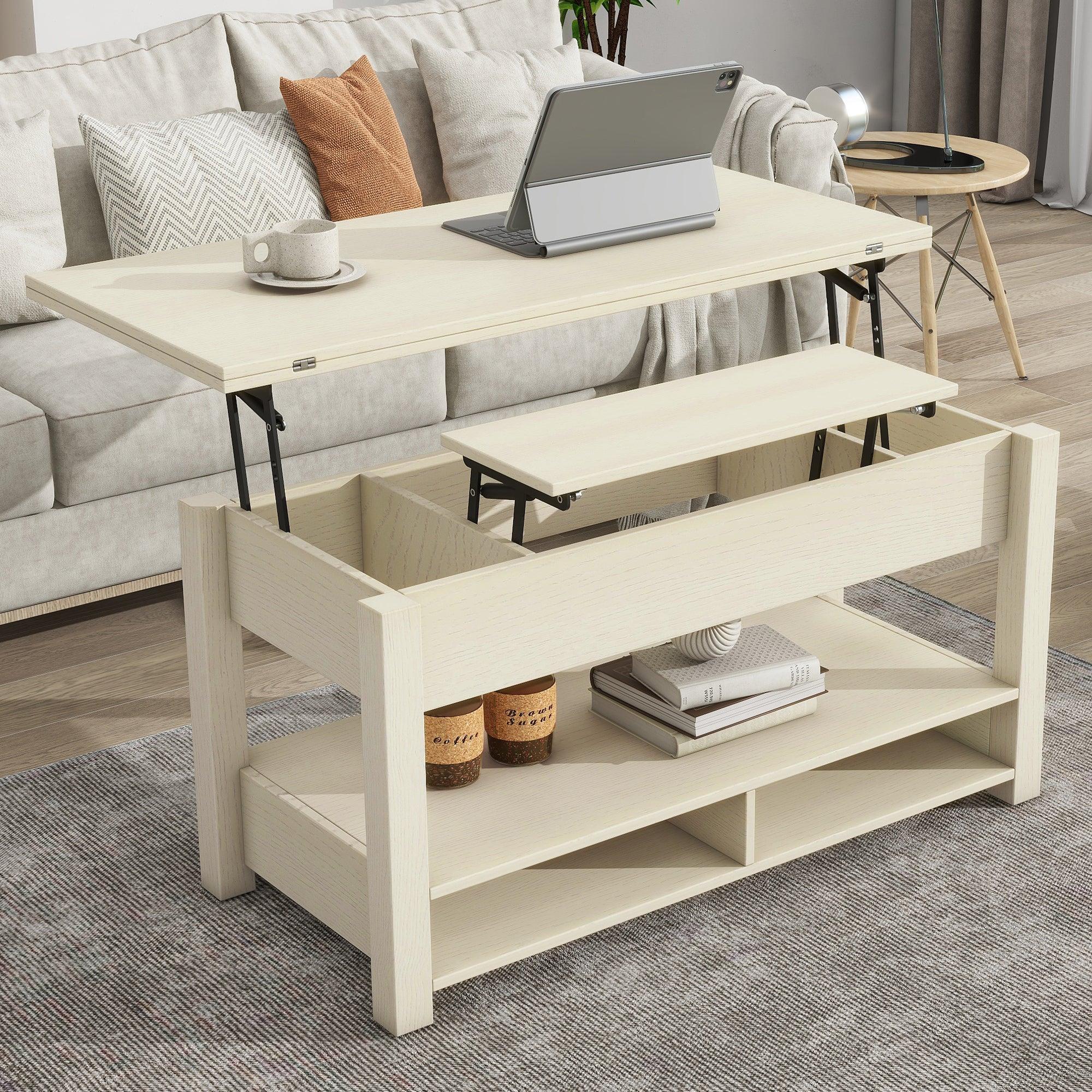 🆓🚛 Lift Top Coffee Table, Multi-Functional Coffee Table With Open Shelves, Modern Lift Tabletop Dining Table for Living Room, Home Office, Rustic Ivory