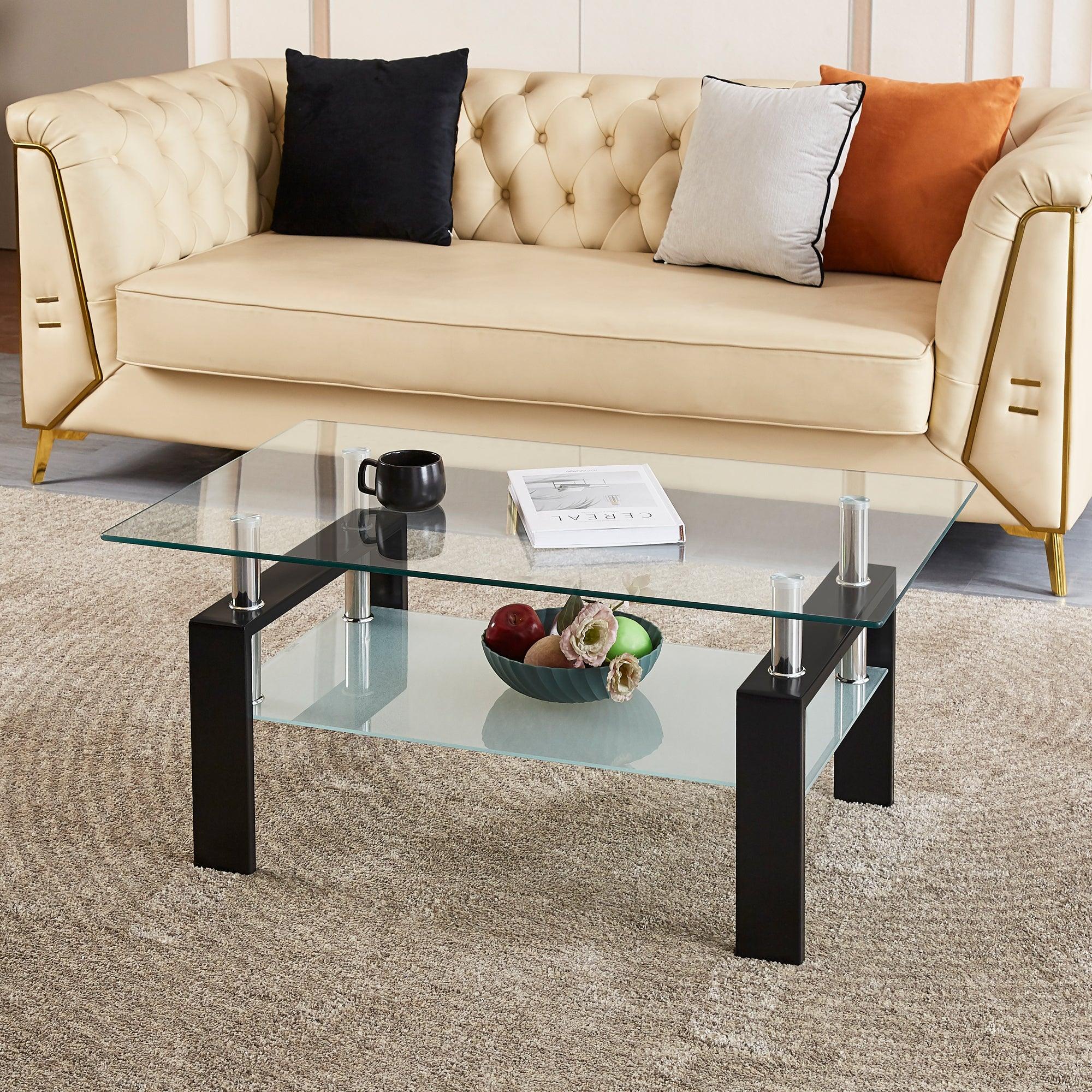 🆓🚛 Tempered Clear Glass Coffee Table, 2-Layers Coffee Table Living Room Center Table