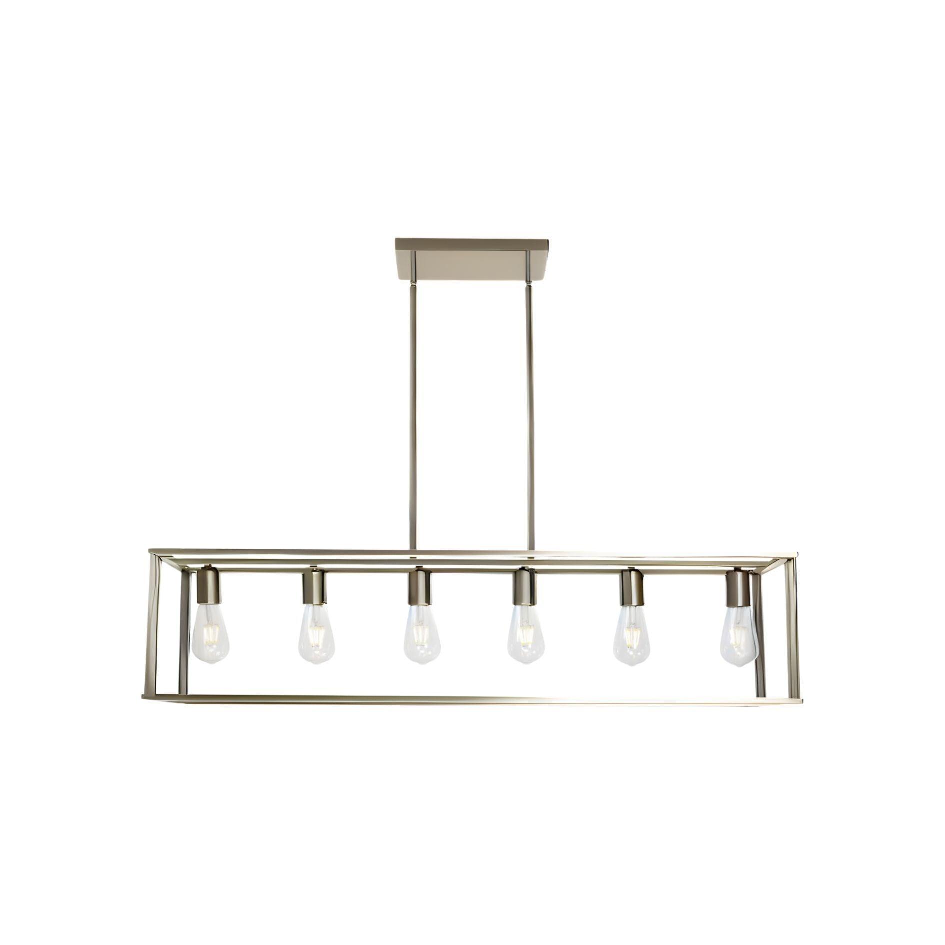 🆓🚛 6 Light Rectangle Chandelier Contemporary Farmhouse Linear Pendant Lighting Brushed Nickel Industrial Vintage Kitchen Island Metal Cage Ceiling Light Fixture