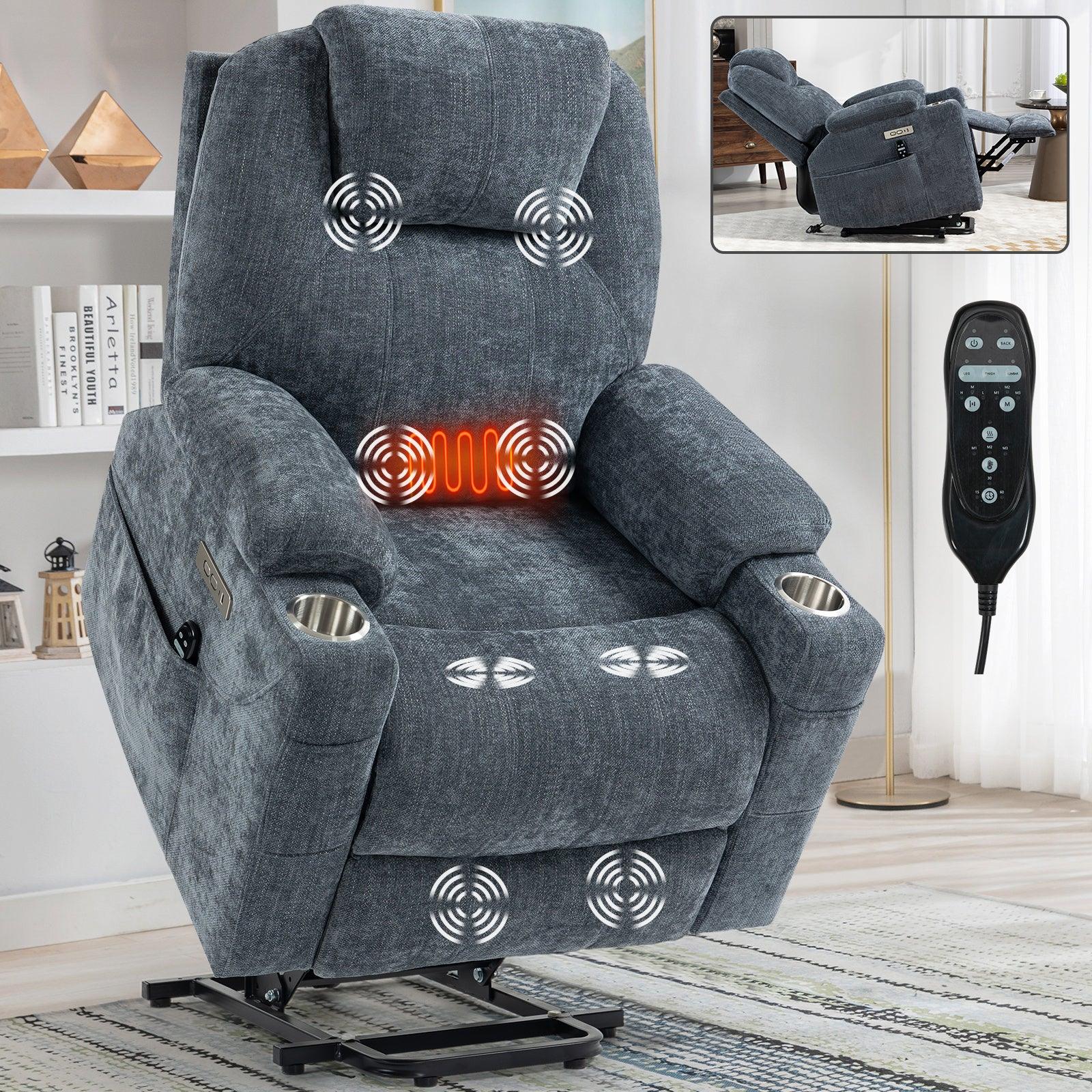 🆓🚛 Okin Motor Up To 350 Lbs Chenille Power Lift Recliner Chair, Heavy Duty Motion Mechanism With 8-Point Vibration Massage & Lumbar Heating, Usb & Type-C Ports, Stainless Steel Cup Holders, Blue