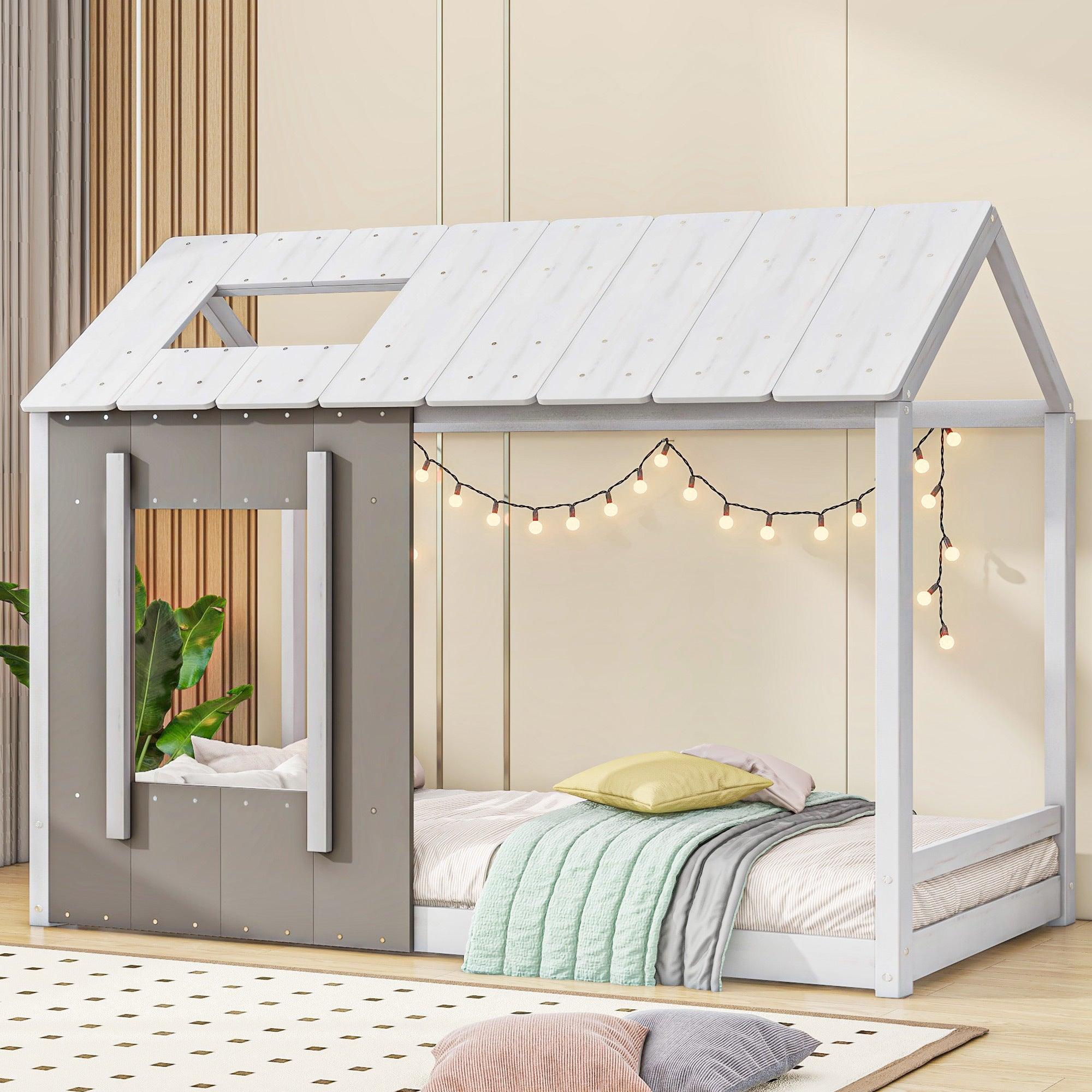 🆓🚛 Twin Size House Platform With Roof & Window, White & Antique Gray