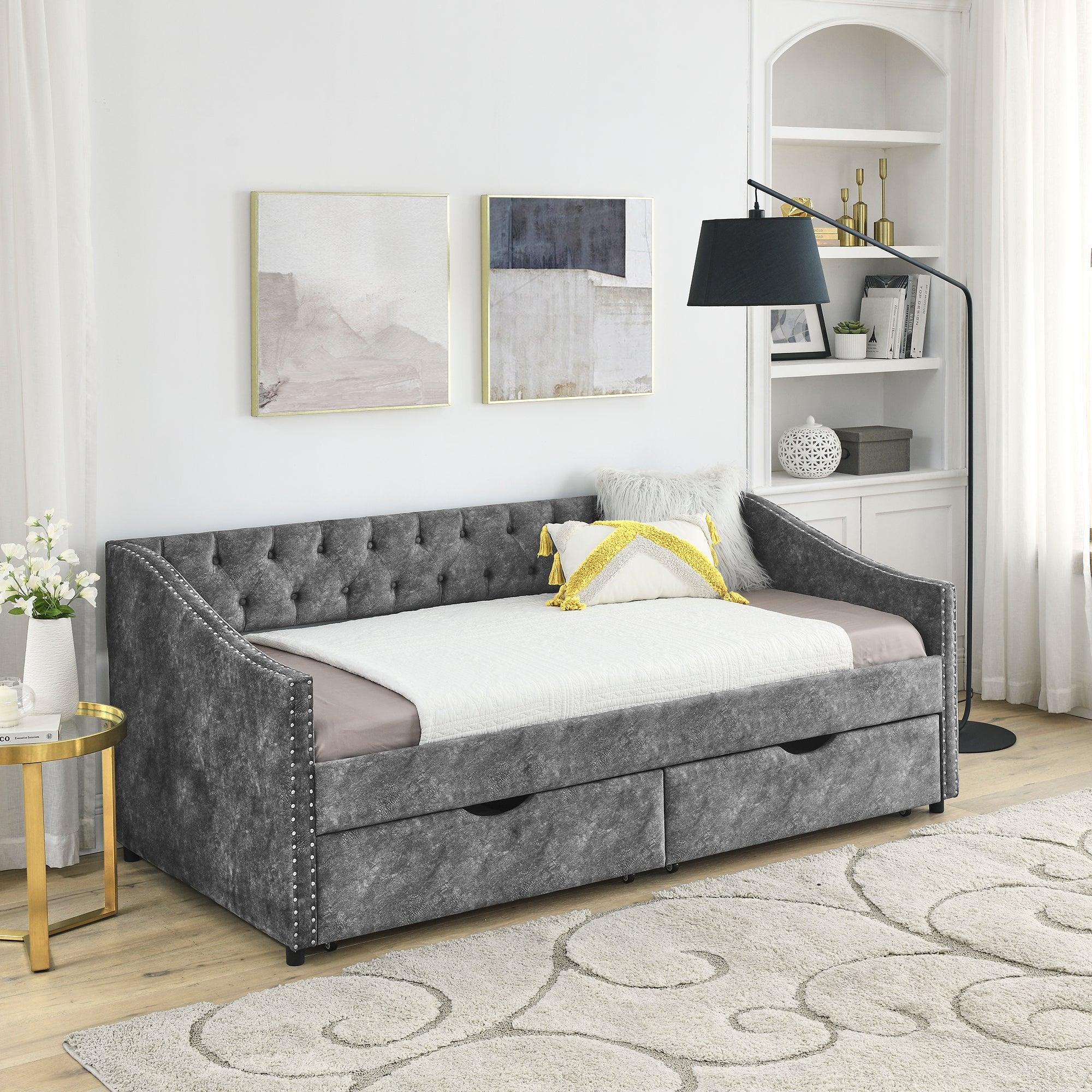 🆓🚛 Twin Size Daybed With Drawers Upholstered Tufted Sofa Bed, With Button On Back & Copper Nail On Waved Shape Arms, Gray (81.5“X41”X30.5“)