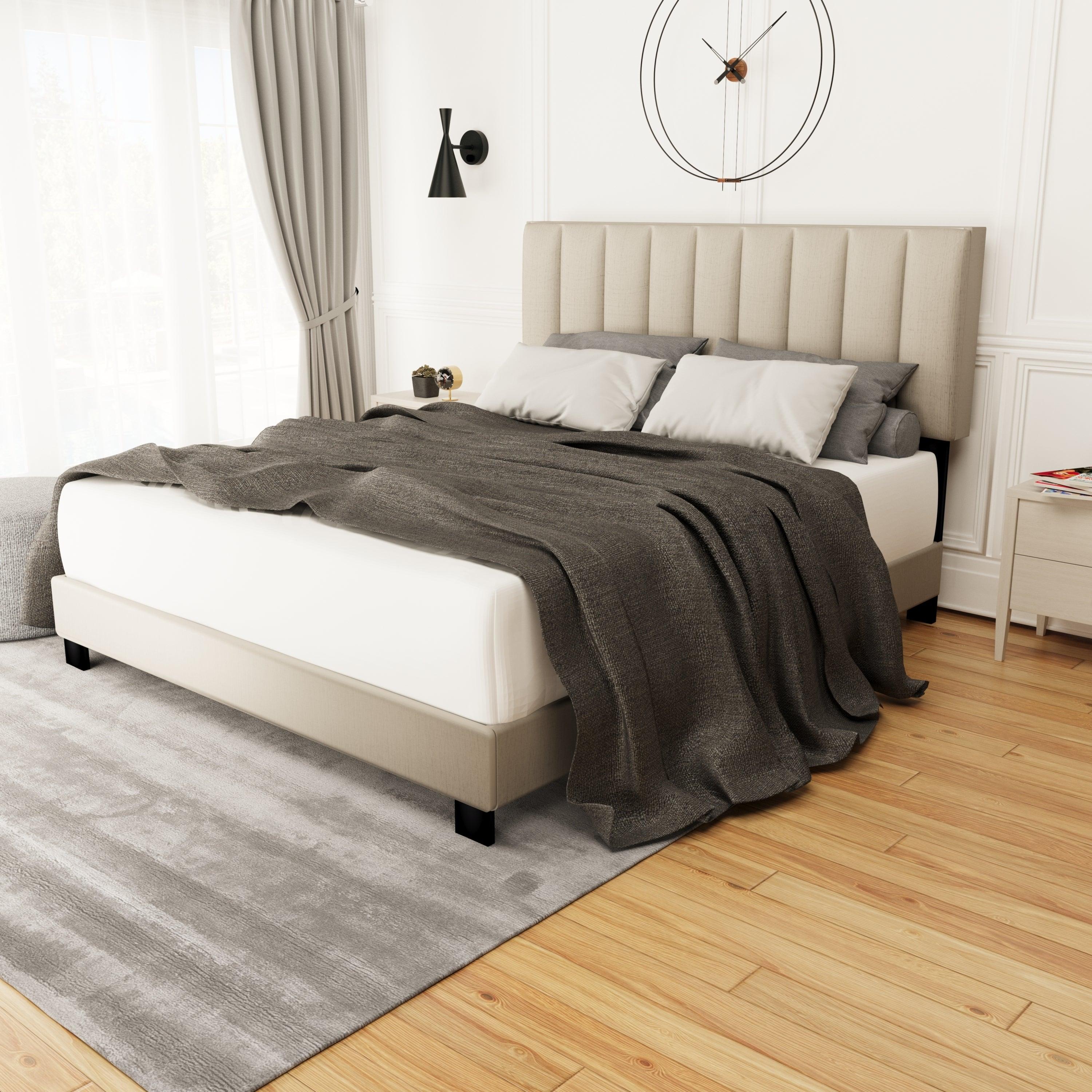 🆓🚛 Queen Size Adjustable Headboard Upholstered Bed Frame, Linen color