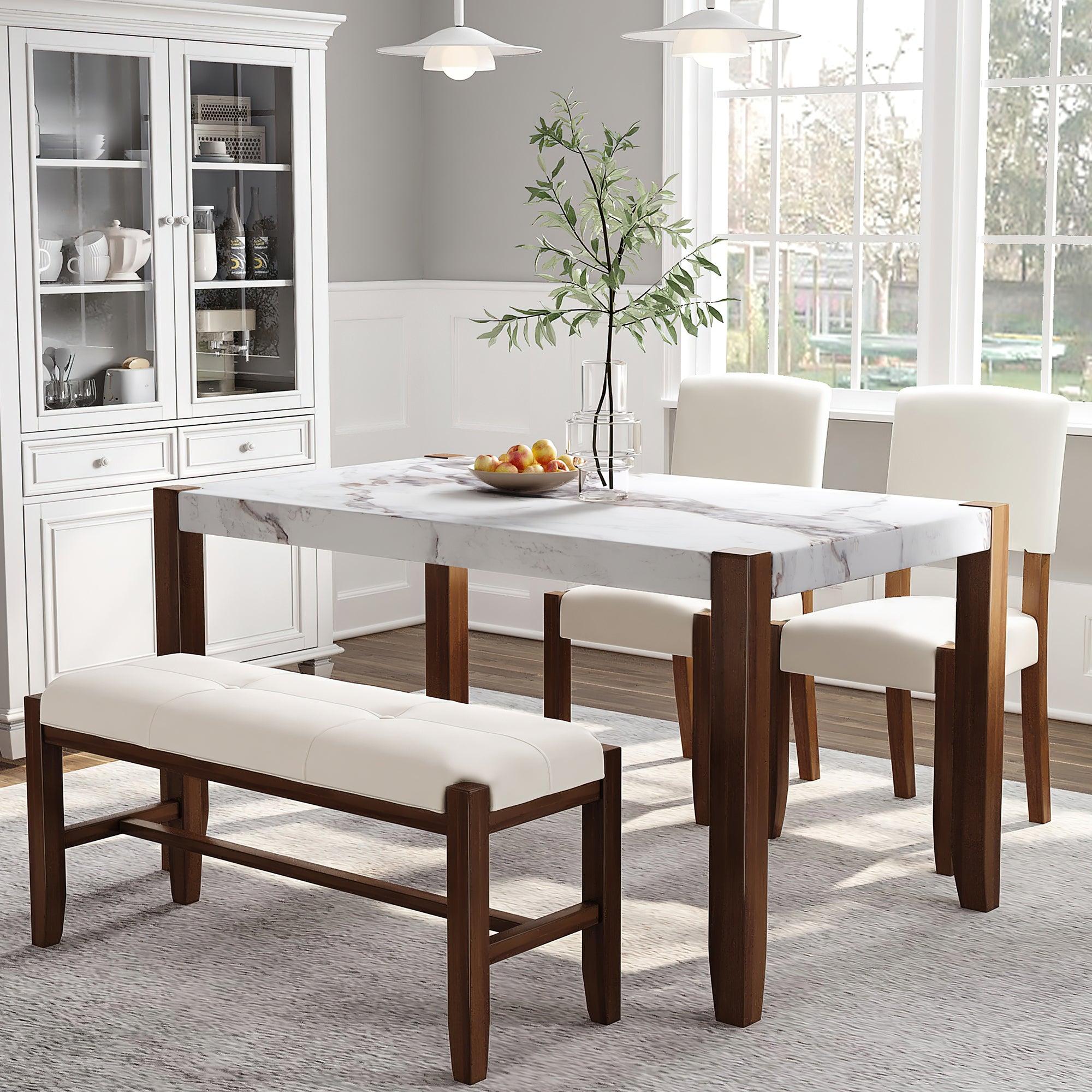 🆓🚛 4-Piece Modern Dining Furniture Set, 4-Person Space-Saving Dinette for Kitchen, 46" Faux Marble Style Table & 2 Upholstered Chairs & Bench With Wood Legs