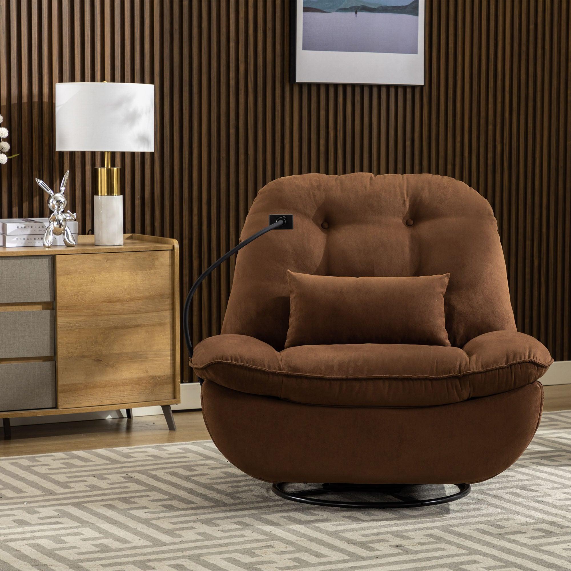 🆓🚛 Smart Power Recliner Sofa, Usb Charger With Bluetooth Swivel Single Chair With Voice Control Gaming Sleeping Working Hidden Arm Storage, Brown