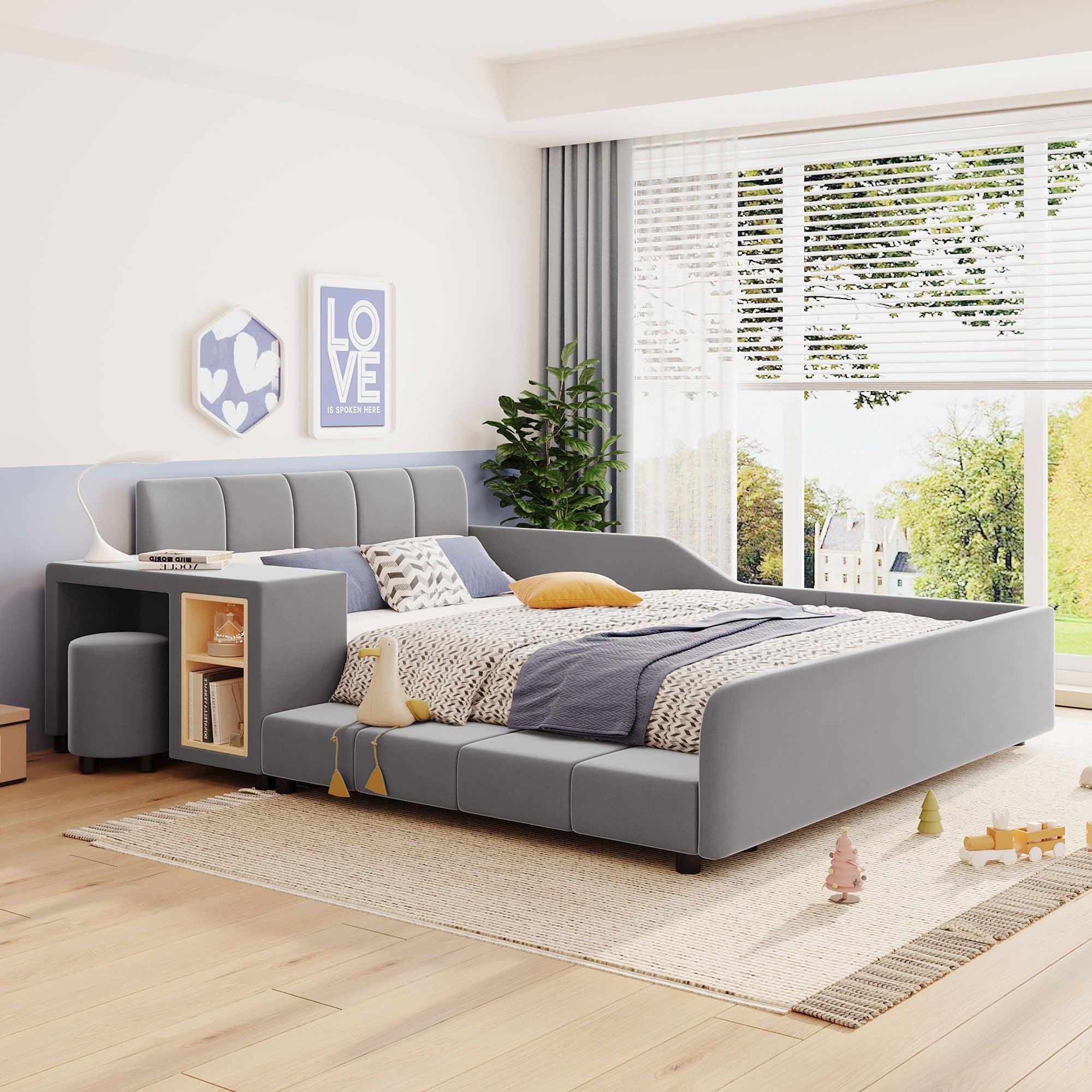 🆓🚛 Full Size Upholstered Grounded Bed, Mother & Child Bed With Bedside Desk & Little Round Stool, Velvet, Gray