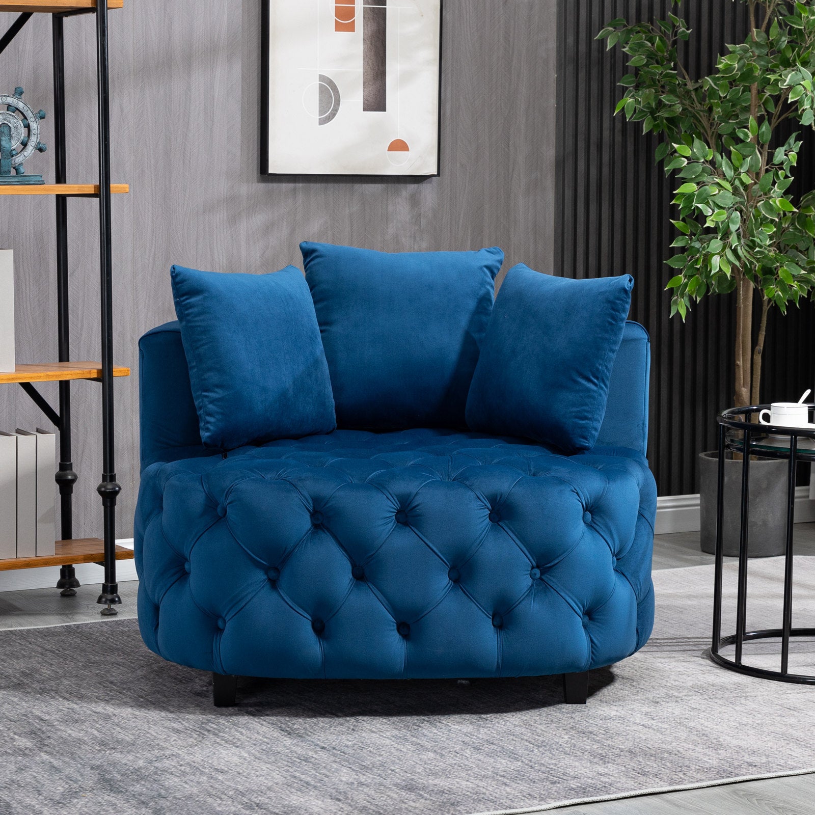 🆓🚛 Accent Chair / Classical Barrel Chair for Living Room / Modern Leisure Sofa Chair, Blue