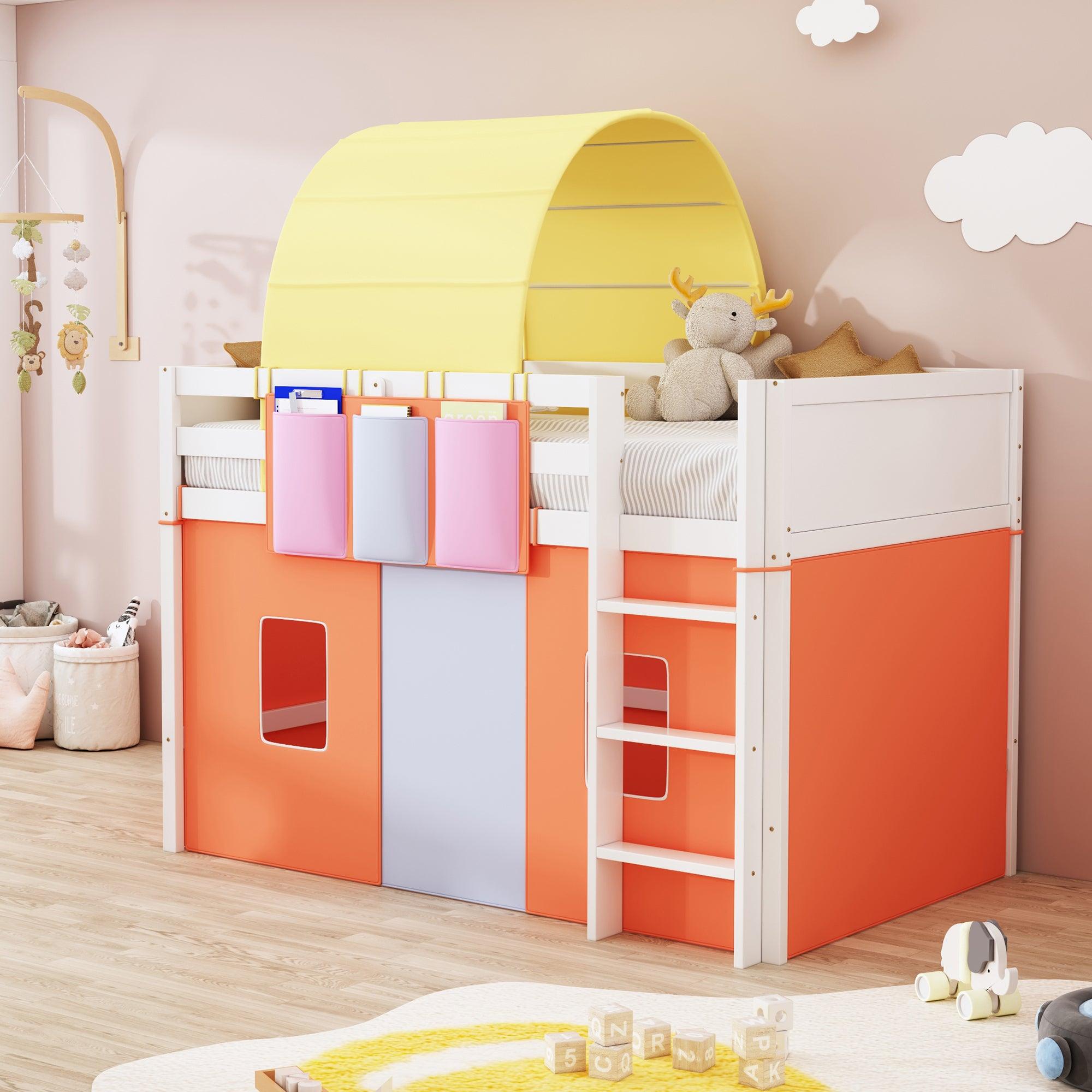 🆓🚛 Twin Size Loft Bed With Tent & Tower & Three Pockets- Orange