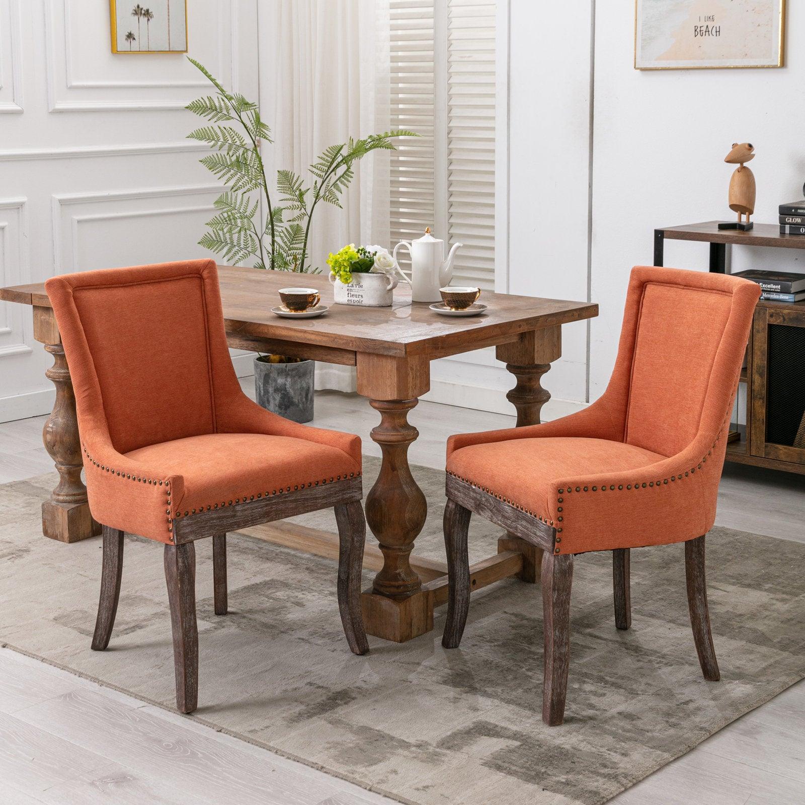 🆓🚛 Ultra Side Dining Chair，Thickened Fabric Chairs With Neutrally Toned Solid Wood Legs， Bronze Nail Head，Set Of 2，Orange