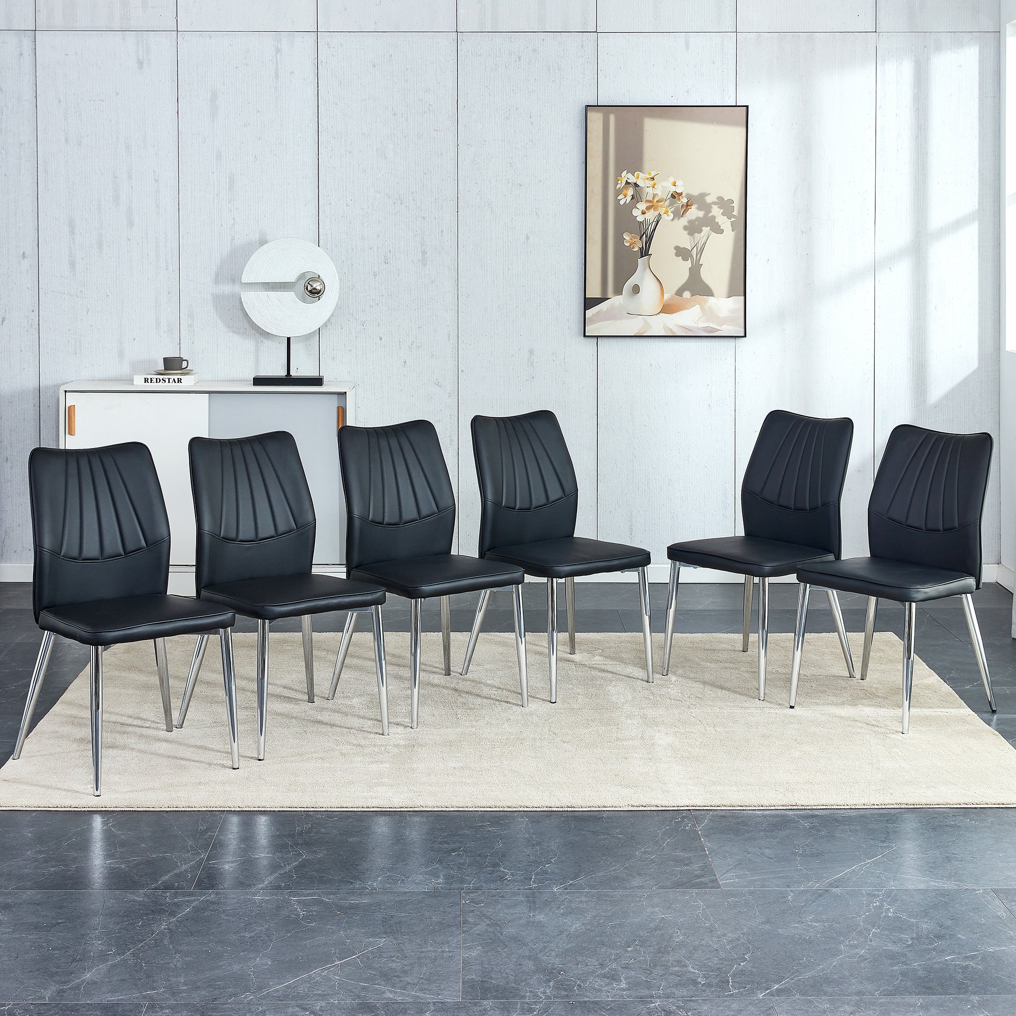 🆓🚛 6 Black Dining Chairs Modern Chairs From The Middle Ages Made of Pu Material Cushion & Silver Metal Legs Suitable for Restaurants & Living Rooms