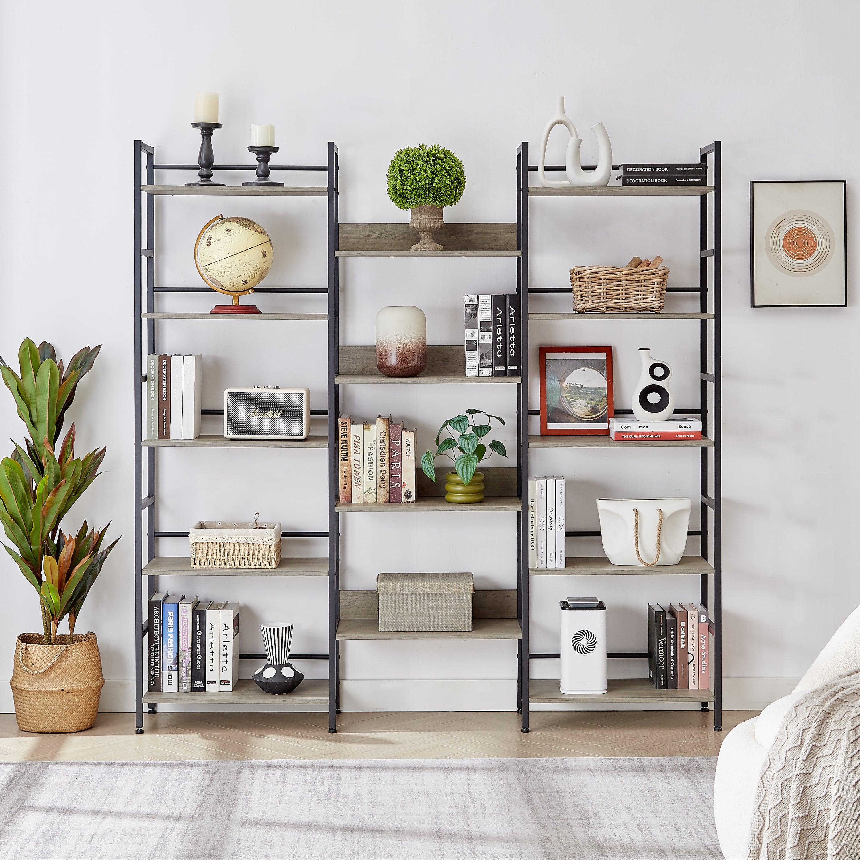 🆓🚛 Triple Wide 5-Shelf Bookshelves Industrial Retro Wooden Style Home & Office Large Open Bookshelves, Gray, 69.3" W X 11.8" D X 70.1" H