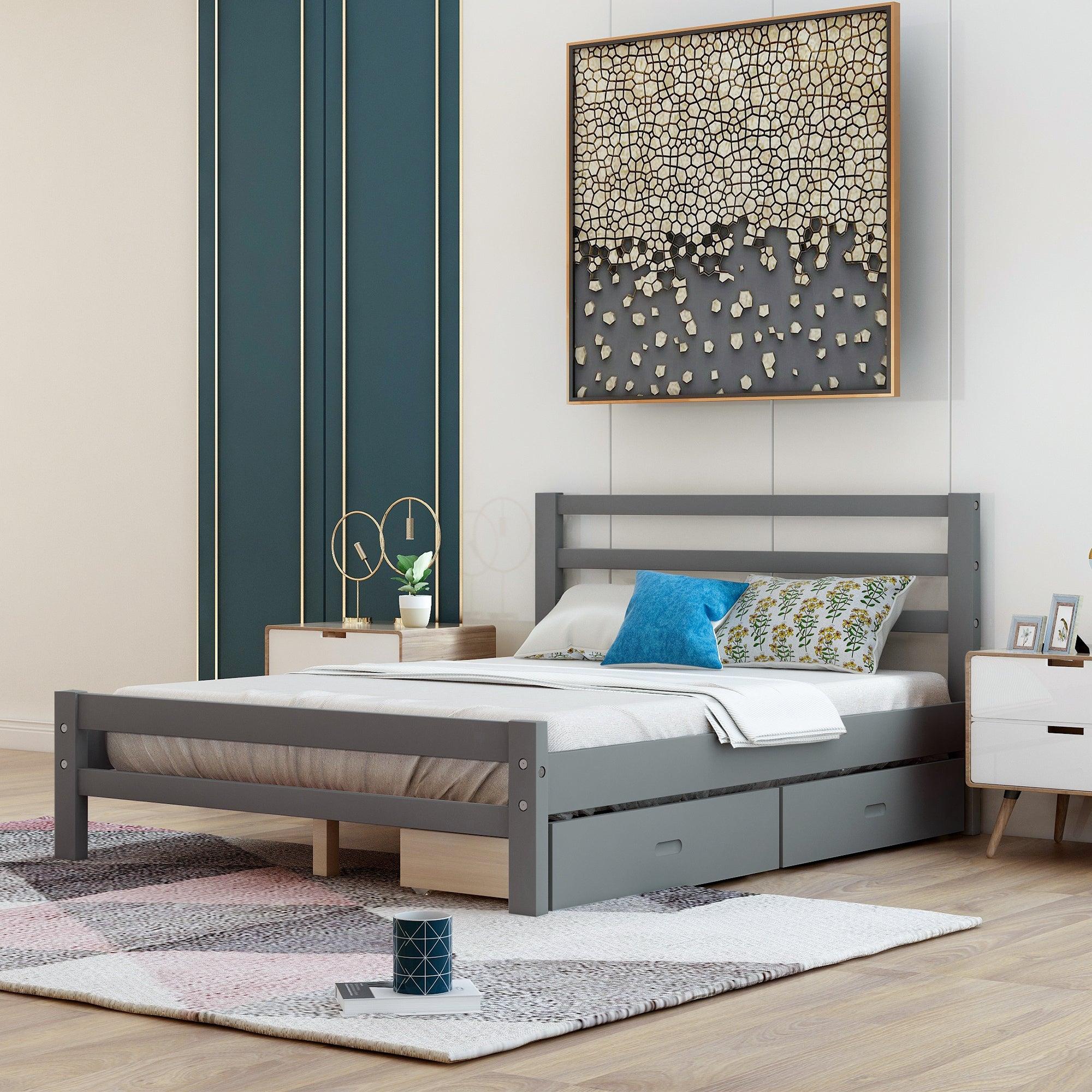 🆓🚛 Wood Platform Bed With Two Drawers, Full, Gray