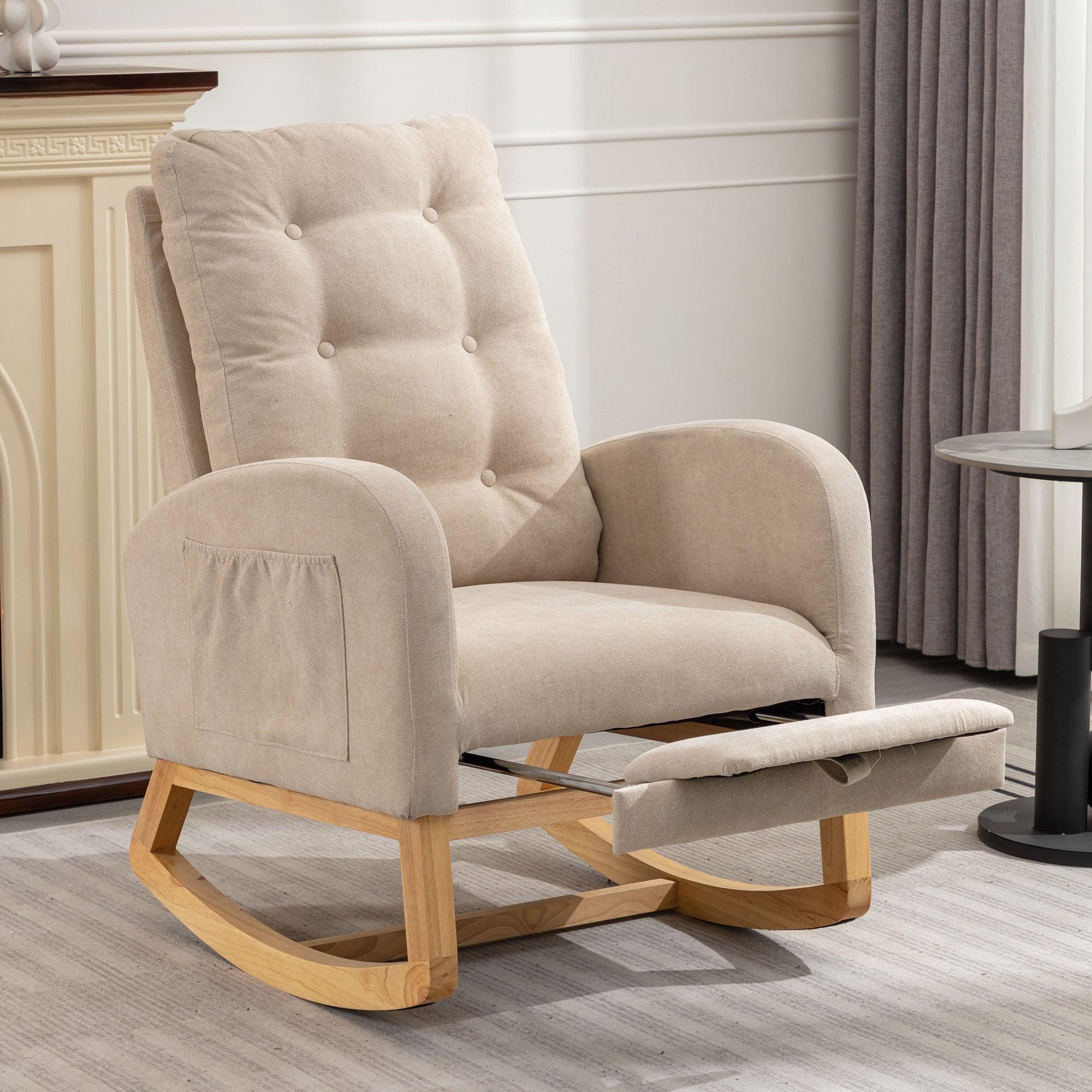 🆓🚛 Accent Rocking Chair With Footrest High Back Rubber Wood Rocking Legs, Beige