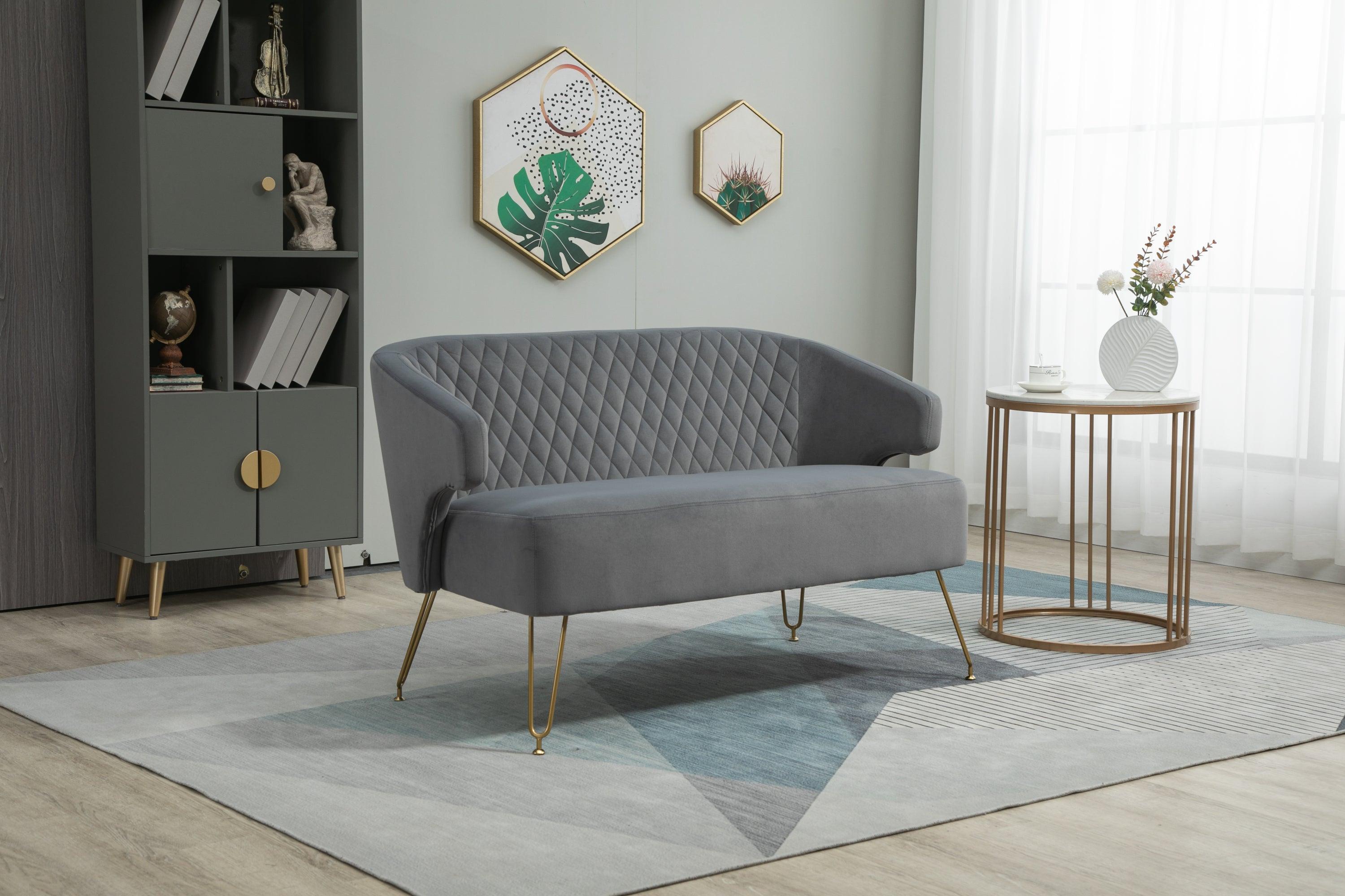 🆓🚛 Twin Size Love Seat Accent Sofa With Golden Metal Legs, Living Room Sofa With Tufted Backrest, Gray
