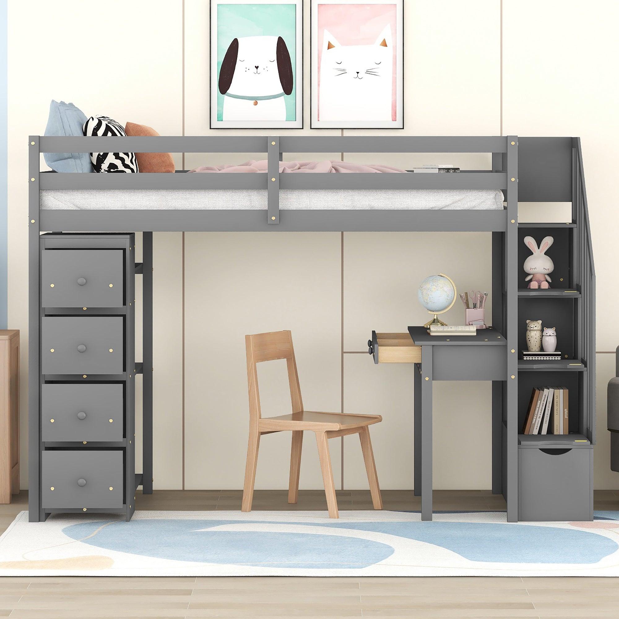 🆓🚛 Twin Size Loft Bed With Storage Drawers, Desk & Stairs, Wooden Loft Bed With Shelves, Gray