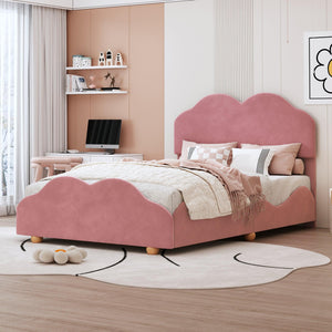 Full Size Upholstered Platform Bed with Cloud Shaped bed board, Dark Pink