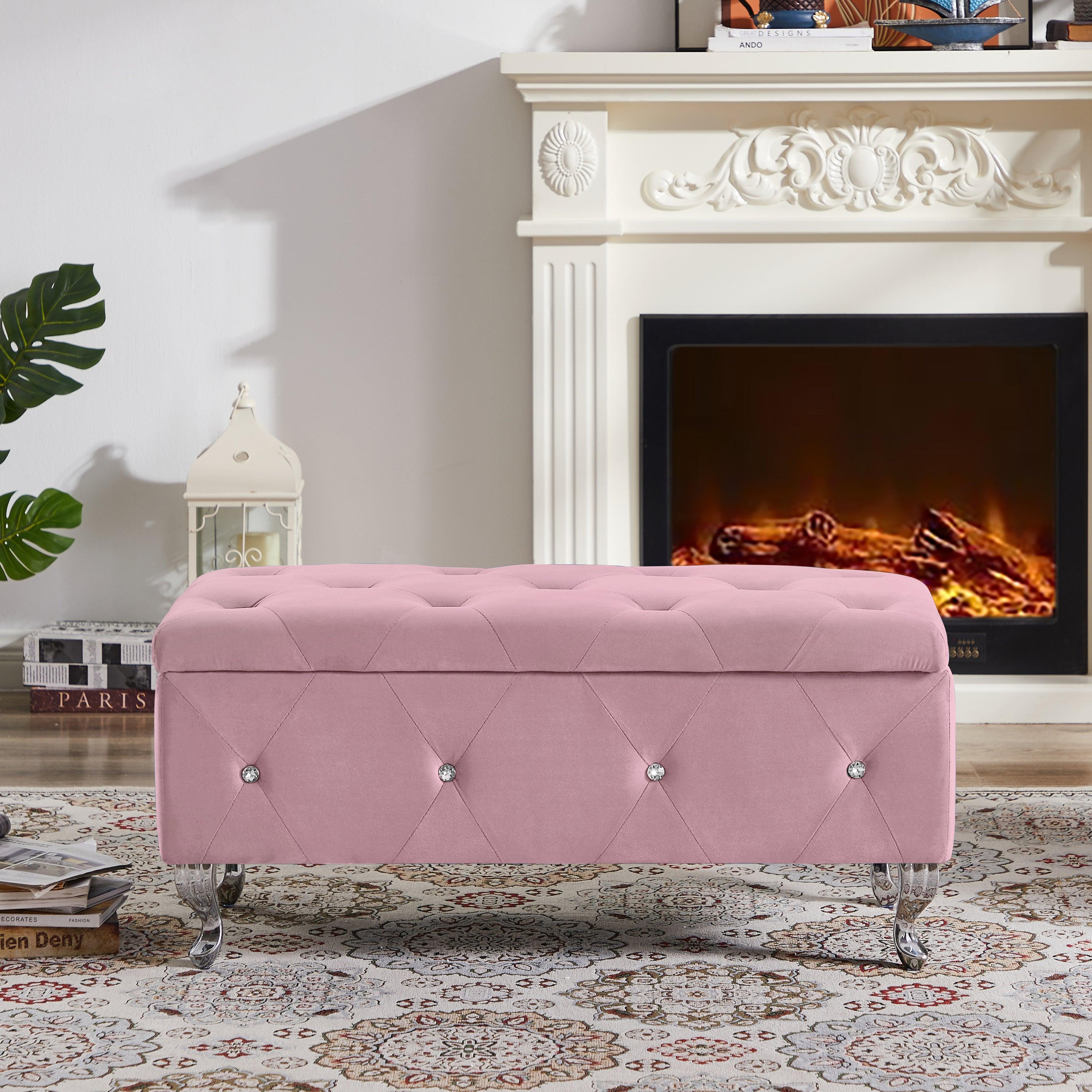 🆓🚛 Upholstered Velvet Storage Ottoman Bench, Flip Top, Metal Leg With Footpad, for Living Room, Entryway, Bedroom, Pink