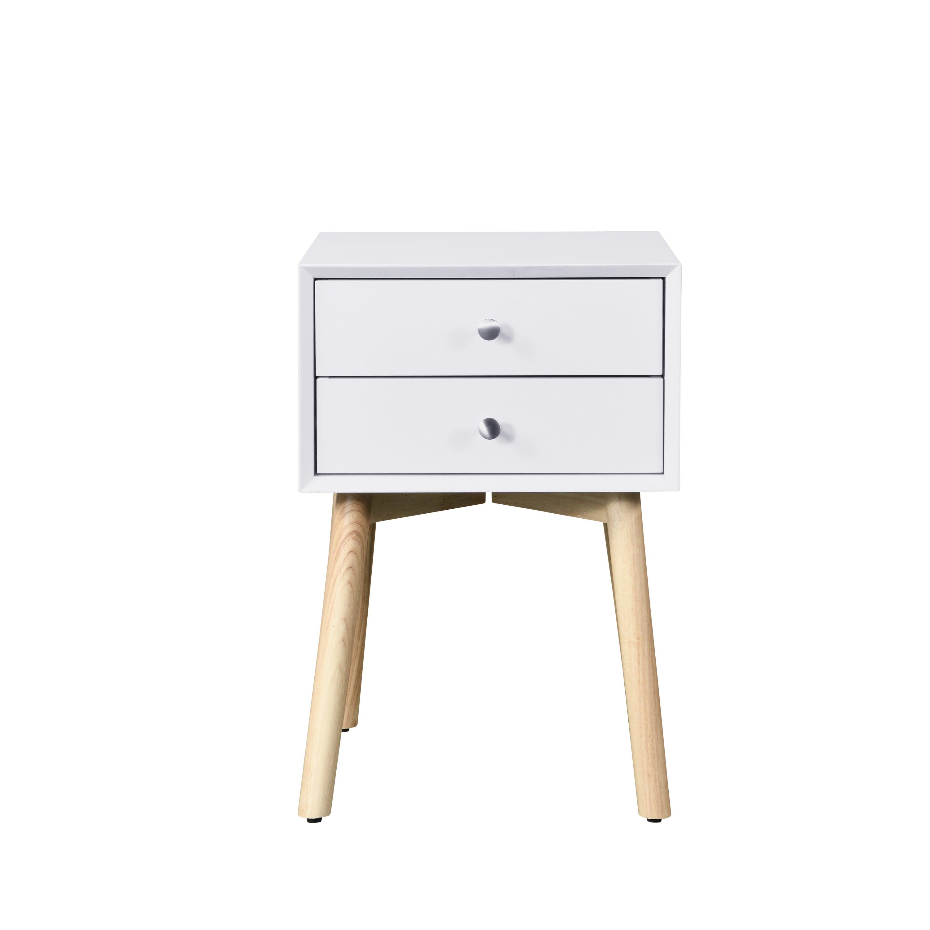 🆓🚛 Side Table, Bedside Table With 2 Drawers & Rubber Wood Legs, Mid-Century Modern Storage Cabinet for Bedroom Living Room, White