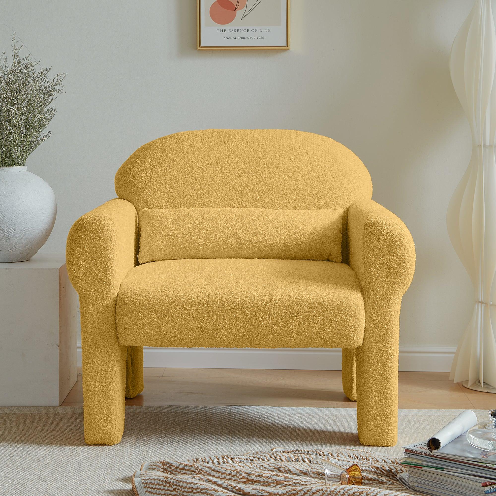 🆓🚛 Modern Teddy Fabric Accent Chair With Lumbar Pillow for Living Room, Yellow