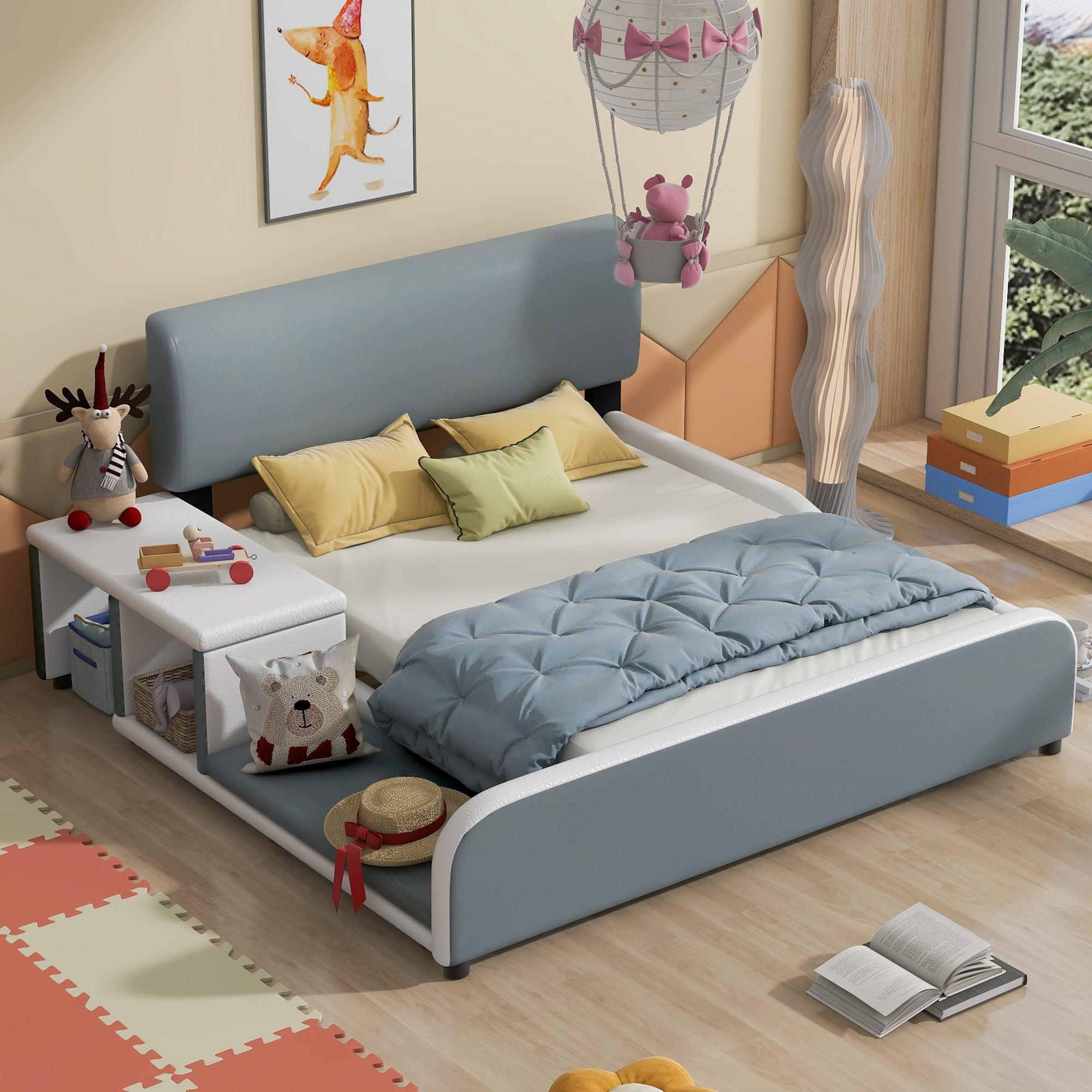 🆓🚛 Full Size Upholstered Platform Bed With Storage Nightstand & Guardrail, Gray