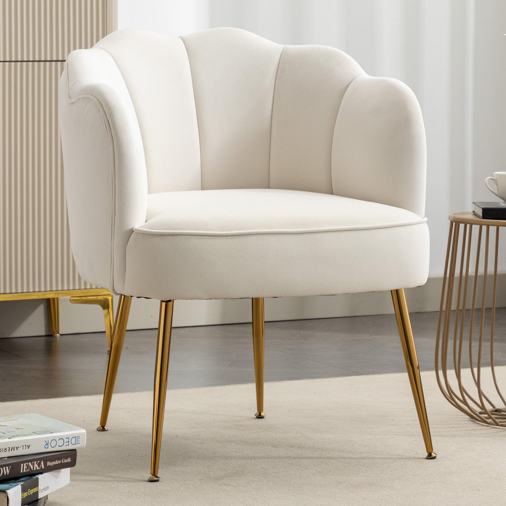 🆓🚛 Shell Shape Velvet Fabric Armchair Accent Chair With Gold Legs for Living Room Bedroom, Ivory