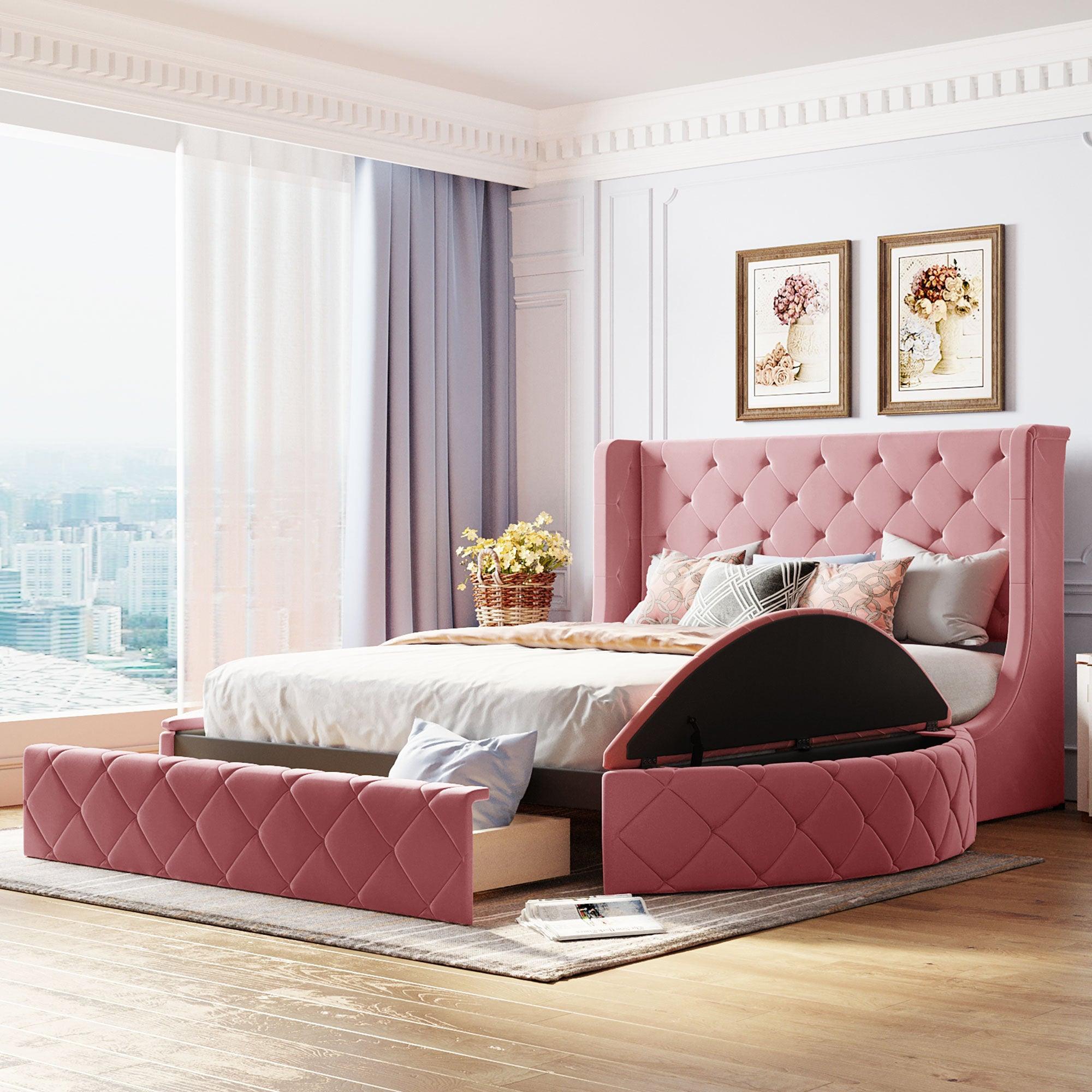 🆓🚛 Upholstered Platform Bed Queen Size Storage Velvet Bed With Wingback Headboard and 1 Big Drawer, 2 Side Storage Stool(Pink)