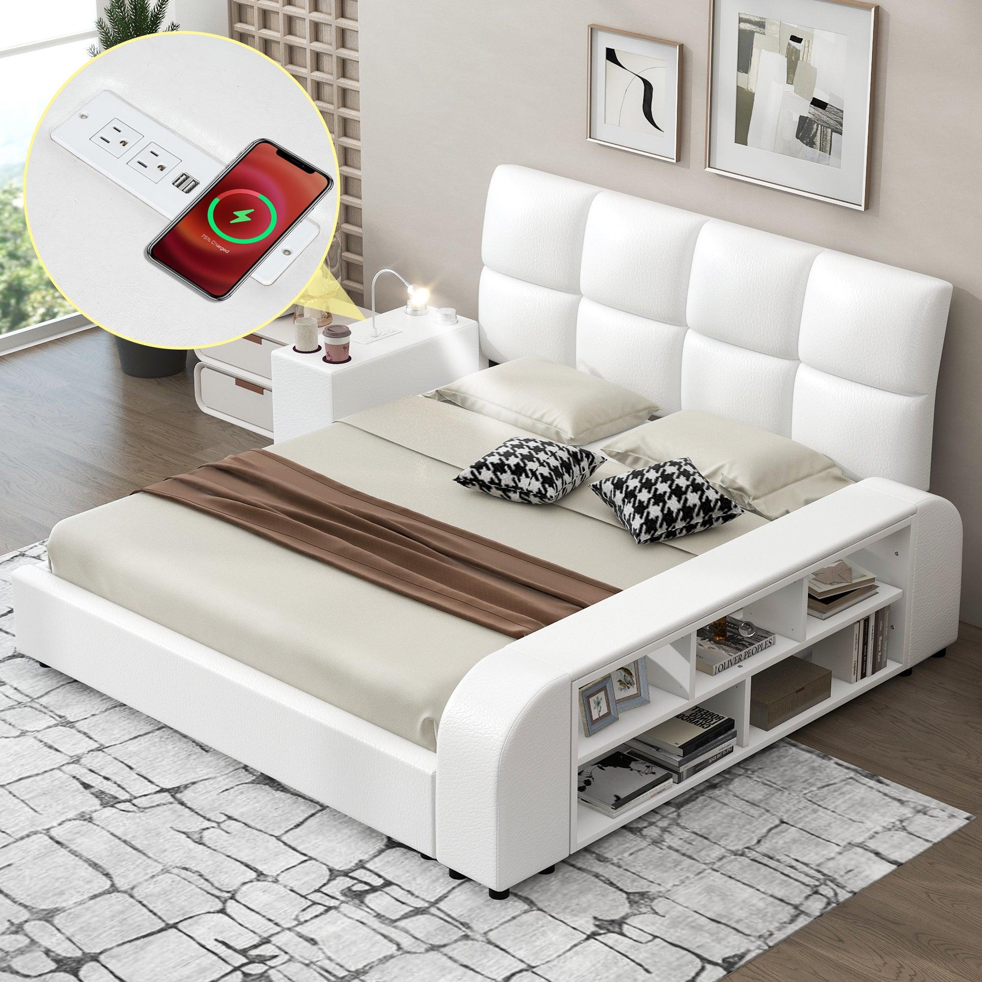 🆓🚛 Queen Size Upholstered Platform Bed With Multimedia Nightstand & Storage Shelves, White